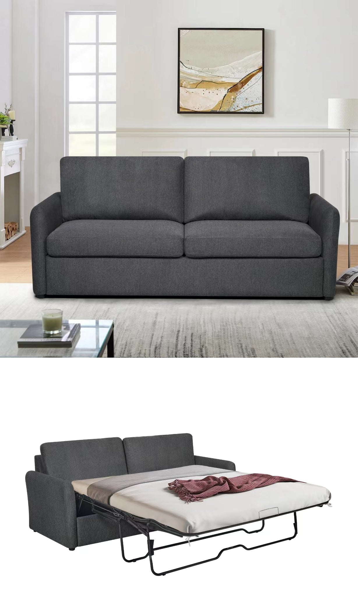 Queen Size Sleeper Sofa Pull Out Bed, Convertible Sofa Bed Couch 2 In 1, With Foam Mattress For Living Room, Dark Grey Dark Gray Fabric 3 Seat