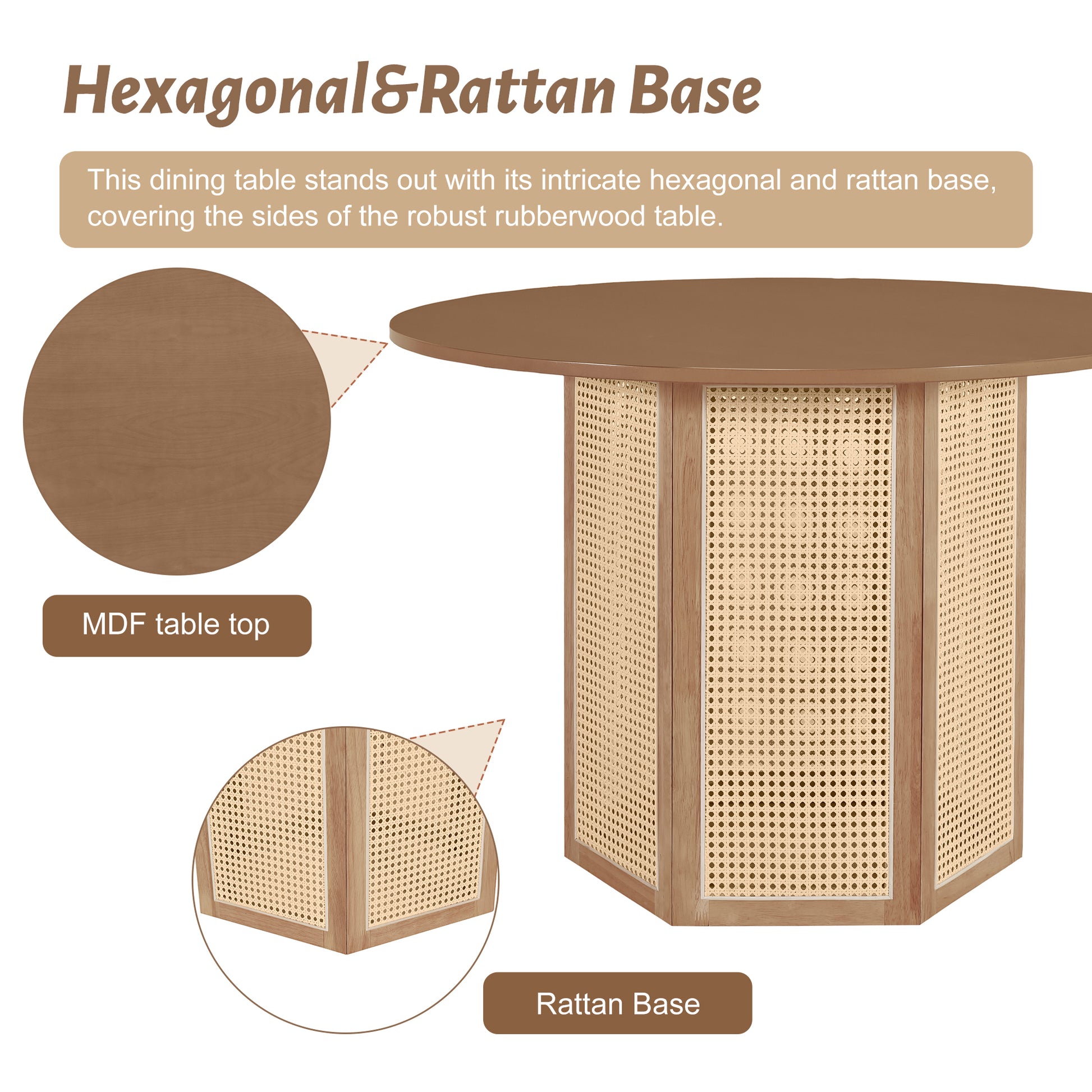 5 Piece Rattan Round Dining Table Set, Wood Table With Hexagonal Base And Upholstered Chairs For Dining Room, Kitchen,Indoor Use, White Beige Wood Dining Room Solid Wood Rubberwood Round Dining Table With Chair Wood Wood White Seats 4 Traditional Round