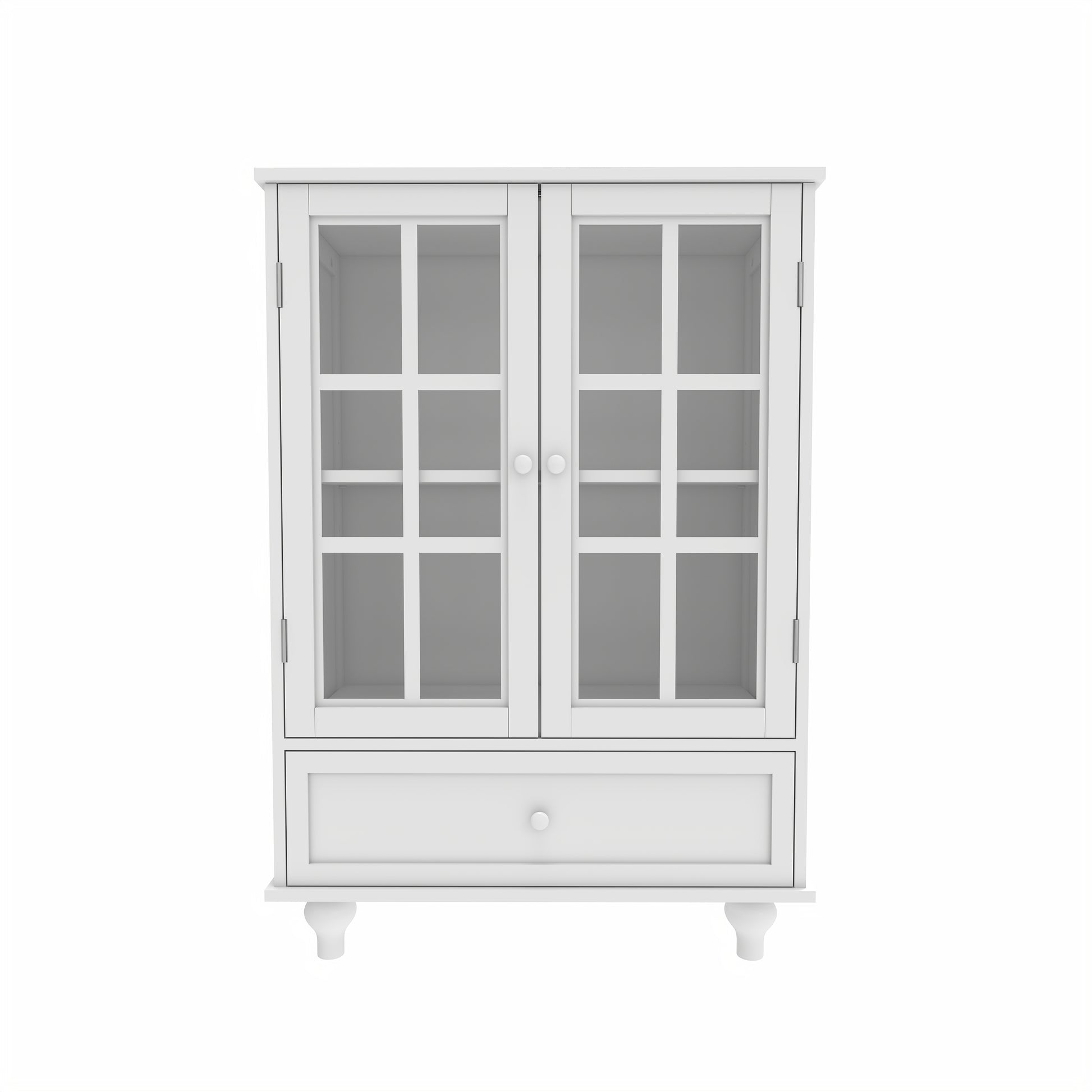 Minimalist White Buffet Cabinet With Double Glass Doors And Drawer, Modern Wooden Storage Sideboard Cupboard For Living Room, Dining Room Hallway Entryway Freestanding White Primary Living Space