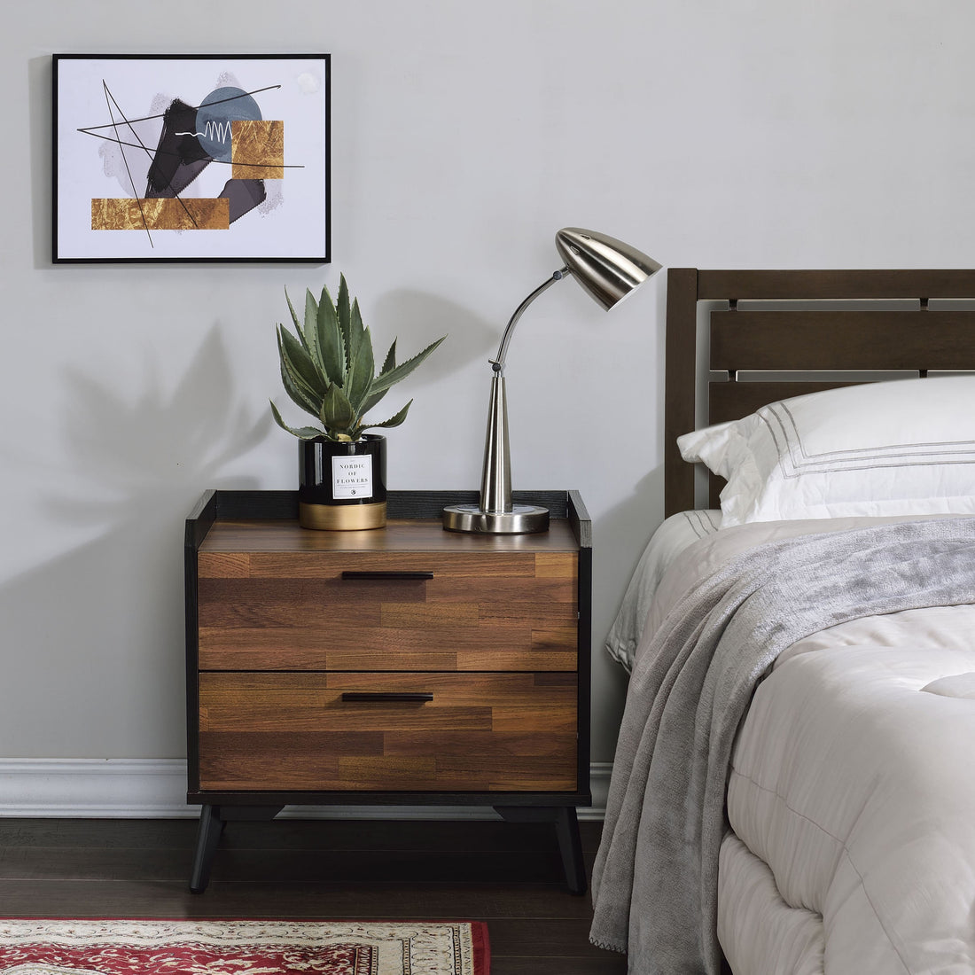 Walnut And Black Nightstand With Metal Sled Base Walnut Black 2 Drawers Bedroom Rectangle Drawers Walnut Wood Metal