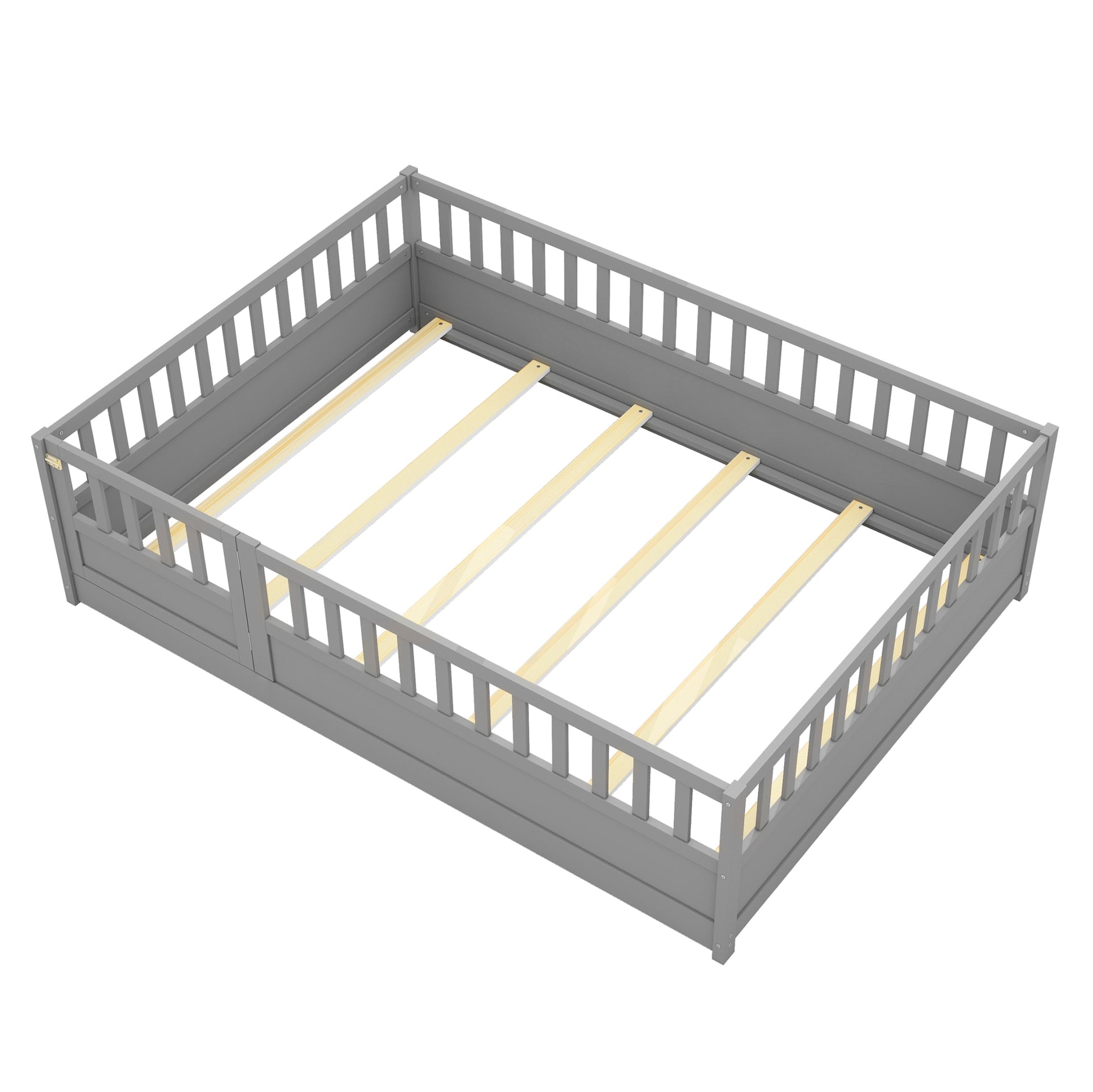 Full Size Floor Bed, Integral Construction With Super High Security Barrier, Door, Children'S Floor Bed Frame, Montessori Wooden Children'S Floor Bed, Support Slat Grey Box Spring Required Full Grey Wood Brown Bedroom American Design,Artsy Pine Bed Frame