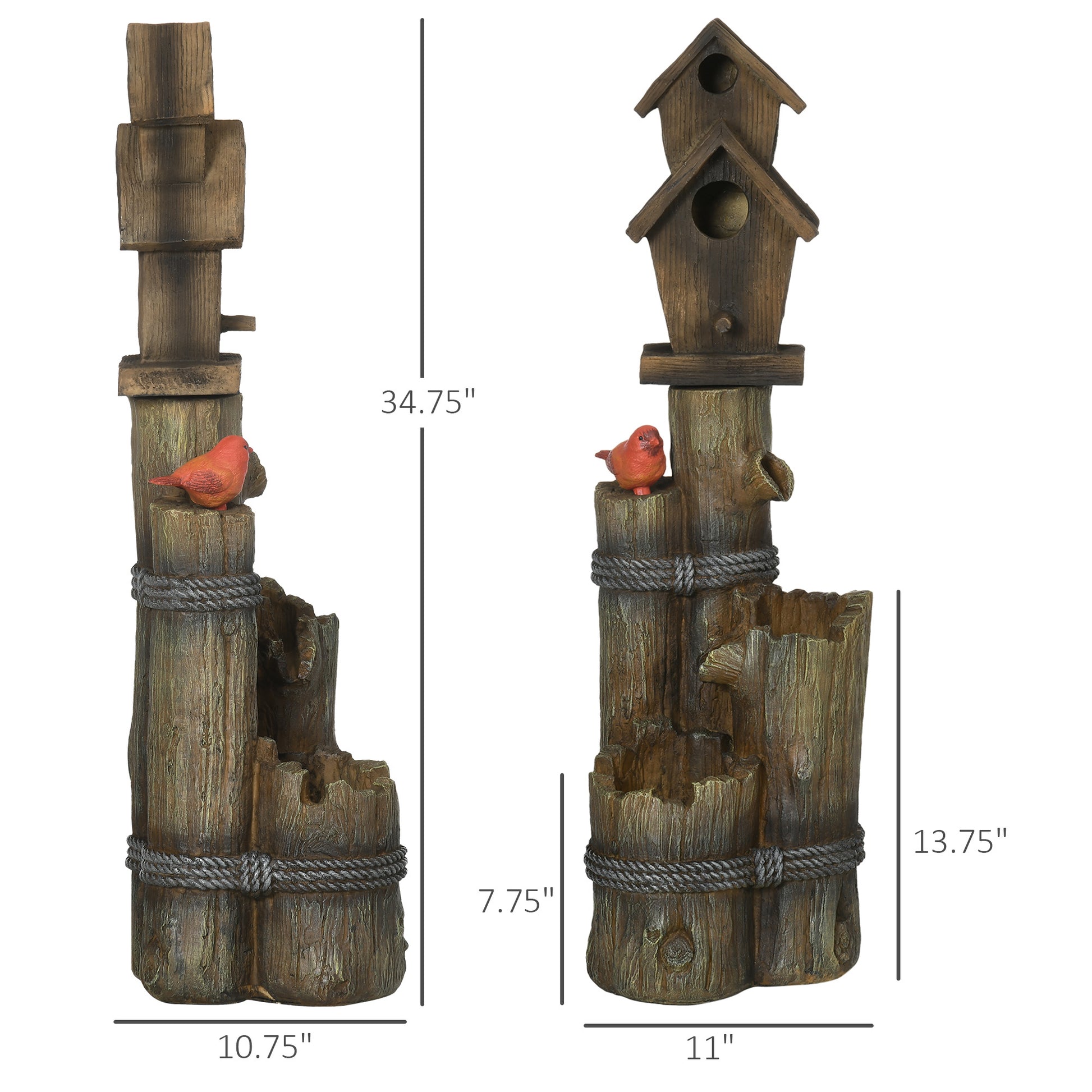 Outsunny Outdoor Fountain With Birdhouse, Cascading Garden Waterfall Bird Bath With 3 Tier Rustic Tree Trunk Log Design, Led Lights For Porch, Deck, Yard Decor, Brown Brown Resin