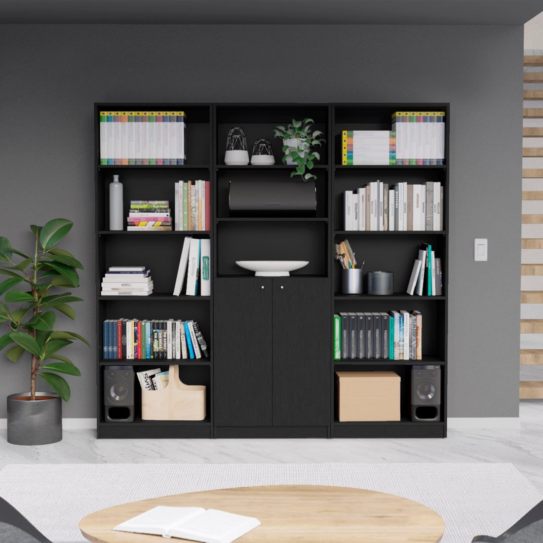 Lecanto 3 Piece Home Bookcase Set, 74" Wide With 13 Shelves And Two Door Cabinetliving Room Set Set Black Freestanding 5 Or More Shelves Black Office Open Storage Space Modern Particle Board