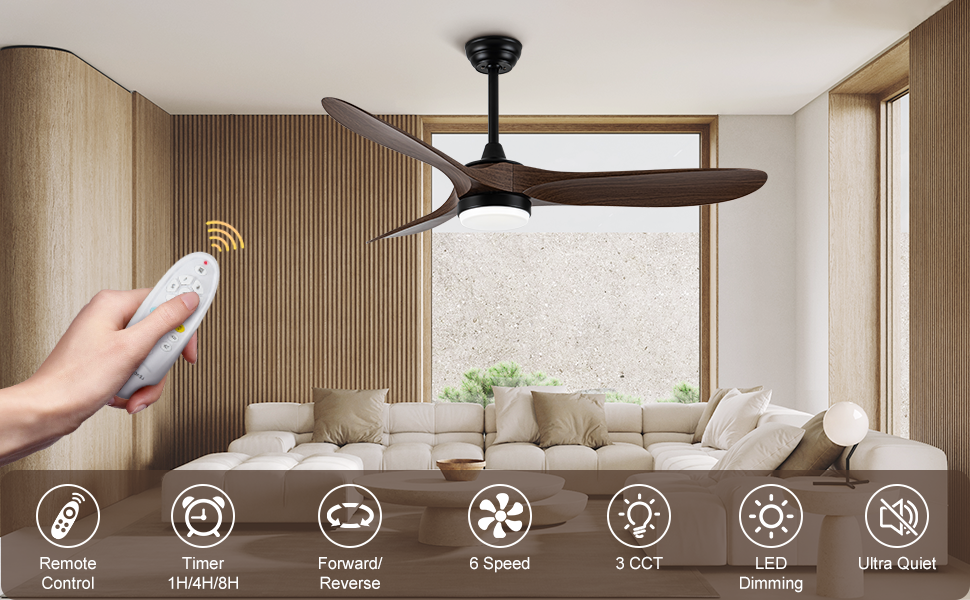 52 Inch Ceiling Fan With Light And Remote Control Timed Lighting, Reversible Airflow And Quiet Operation For Living Room & Bedroom & Outdoor Wood Modern Abs