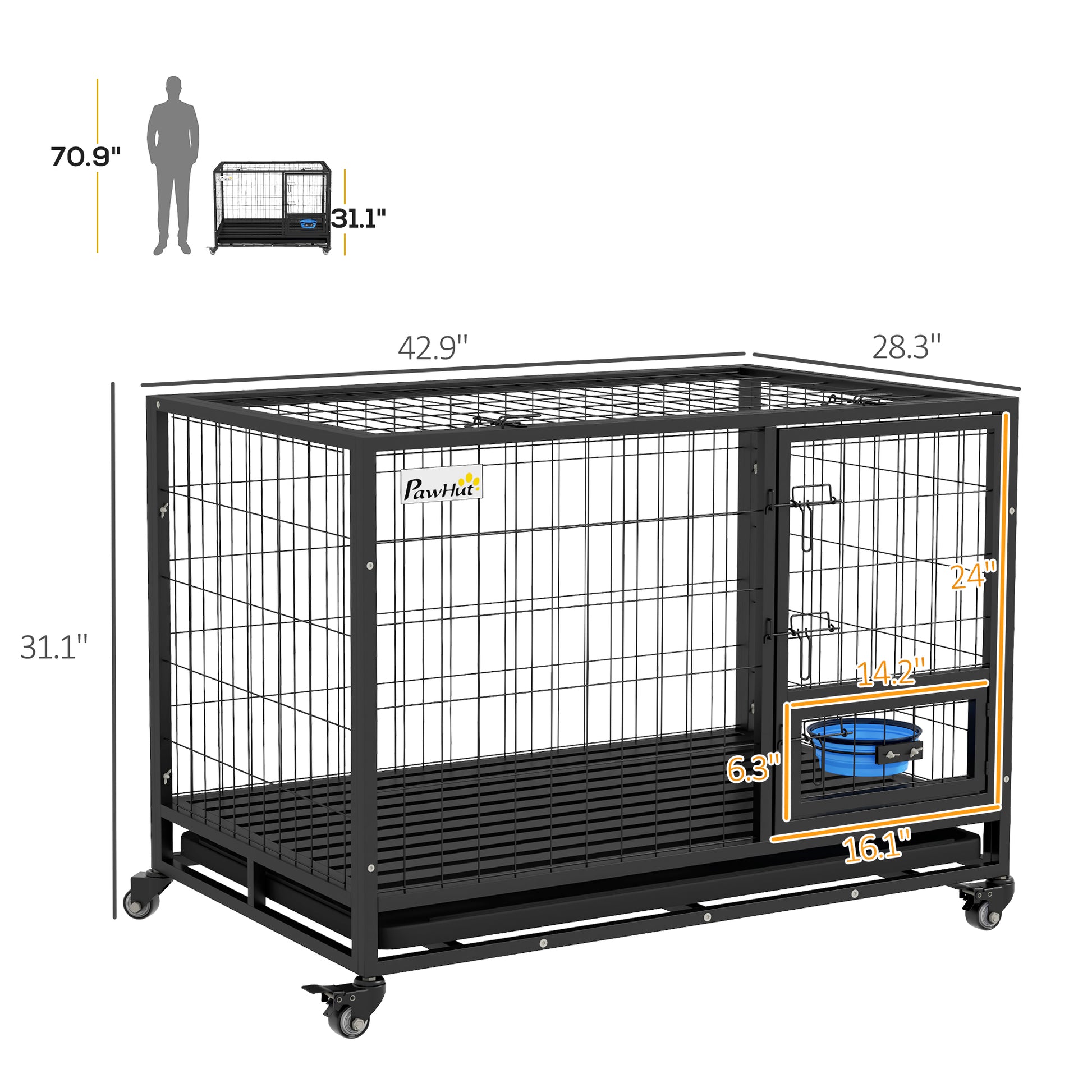 Pawhut 43" Heavy Duty Dog Crate With Bowl Holder, Strong Steel Dog Crate With Wheels, Detachable Door, Openable Top And Removable Tray For Large And Extra Large Dogs, Black Black Steel