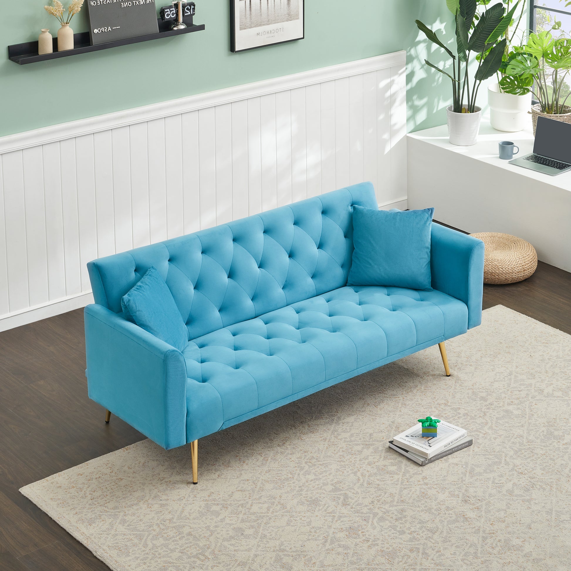 71 Inch Convertibleseat Sofa, American Retro, Light Blue Velvet, Suitable For Small Living Room, Bedroom, Office Light Blue Velvet 2 Seat