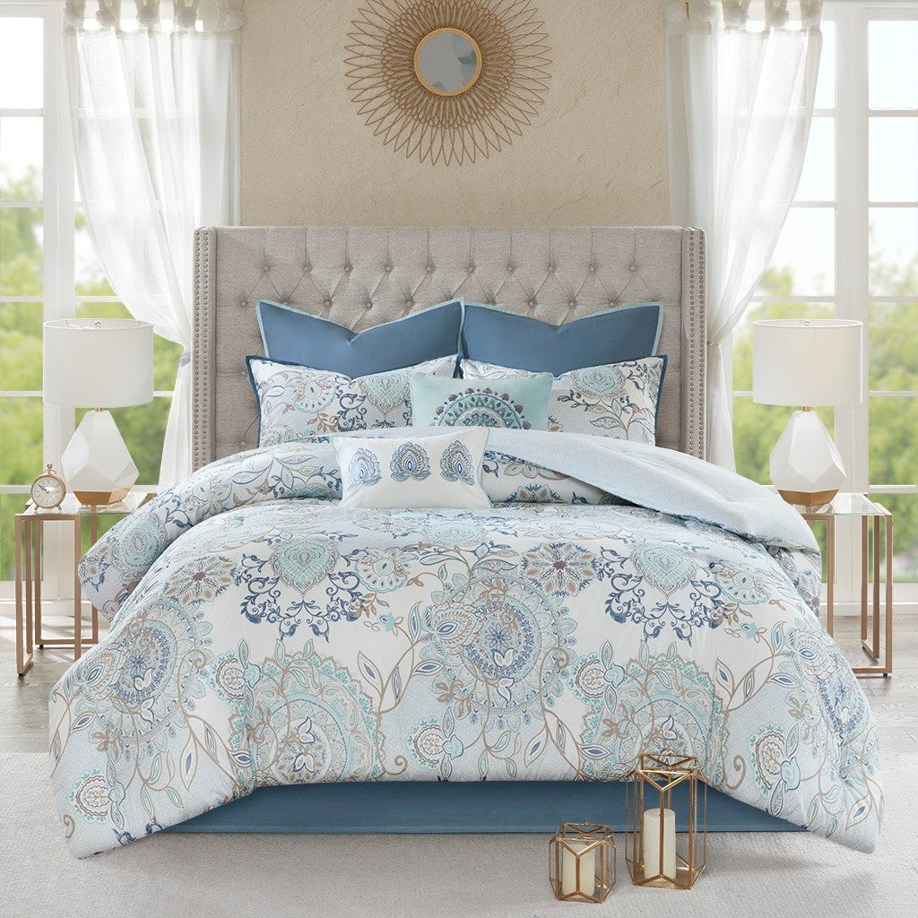 8 Piece Cotton Floral Printed Reversible Comforter Set Blue Queen Queen Blue Cotton