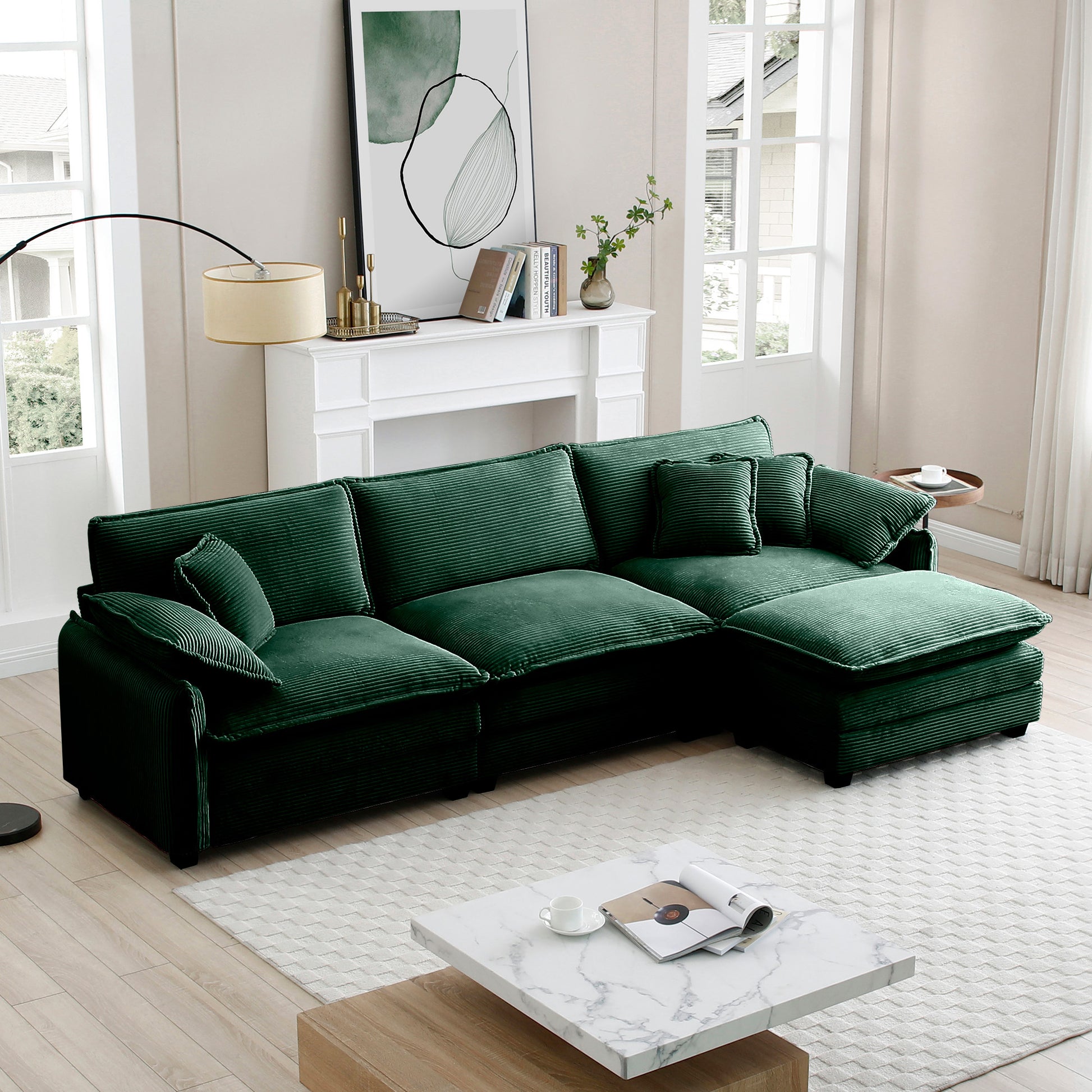 Oversize 3 Seater Sofa With One Footrest, L Shaped Sectional Sofa With Ottoman For Living Rooms,Green Corduroy Sofa Green Corduroy 3 Seat