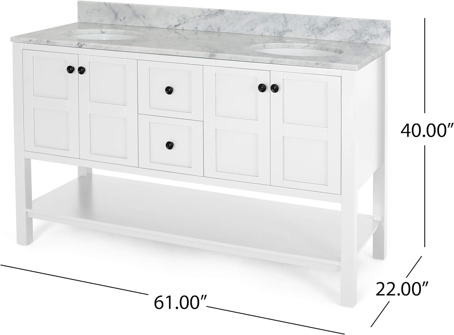 61'' Bathroom Vanity With Marble Top & Double Ceramic Sinks, 4 Doors, 2 Drawers, Open Shelf, White White Mdf