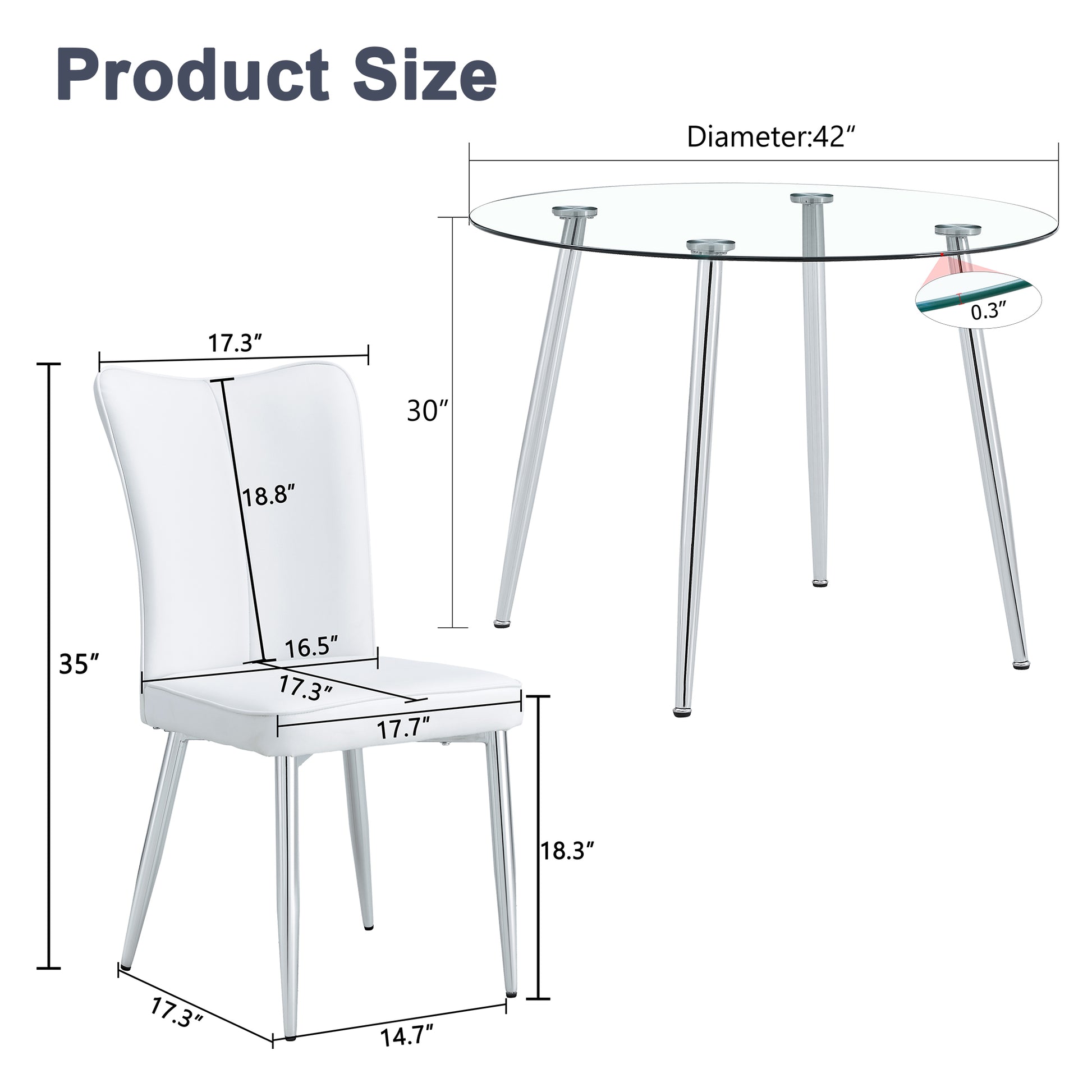 Table And Chair Set.A Modern Minimalist Round Dining Table With Transparent Tempered Glass Top And Silver Metal Legs,Paried With 4 Chairs With Pu Backrest And Seat Cushion And Silver Metal Legs. Transparent,White Seats 4 Glass Metal