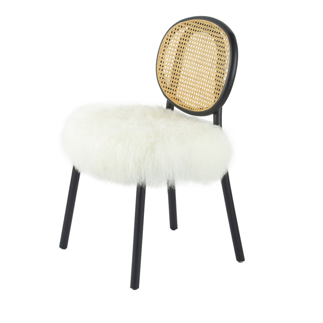 Ada 24 Inch Dining Chair, Cane Rattan Back, Fur Seat, Set Of 2, Black Black White Wood