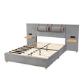 Queen Upholstered Platform Bed, Two Outlets And Usb Charging Ports On Both Sides, Two Bedside Pillows, Storage Shelves, Velvet,Gray Queen Gray Mdf Lvl