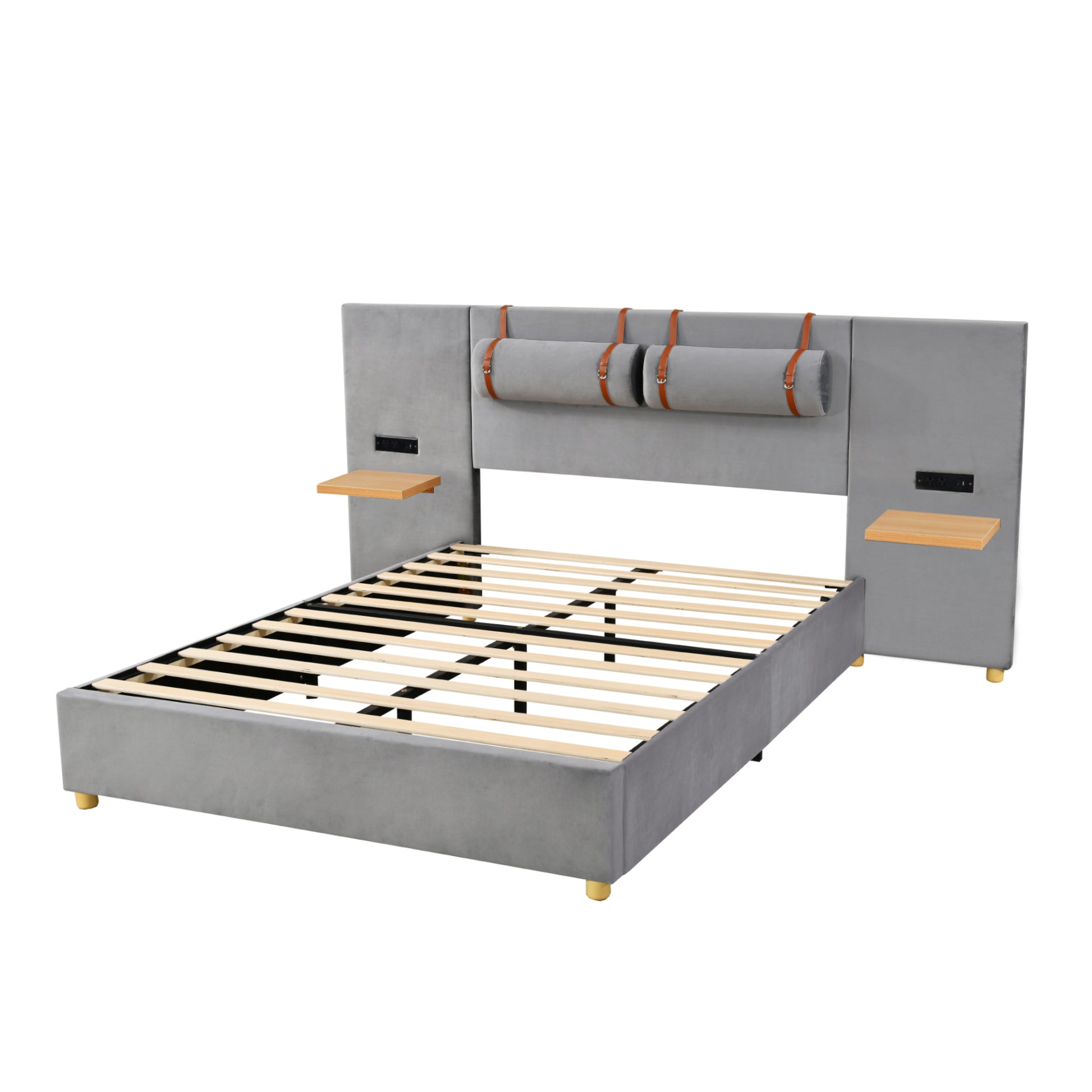 Queen Upholstered Platform Bed, Two Outlets And Usb Charging Ports On Both Sides, Two Bedside Pillows, Storage Shelves, Velvet,Gray Queen Gray Mdf Lvl
