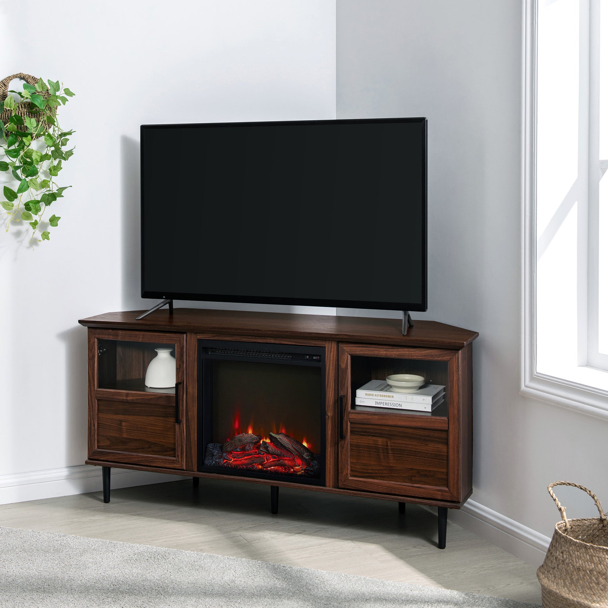 Modern Angled Side Fireplace Corner Tv Stand For Tvs Up To 10015 Dark Walnut Dark Brown Mdf Mdf