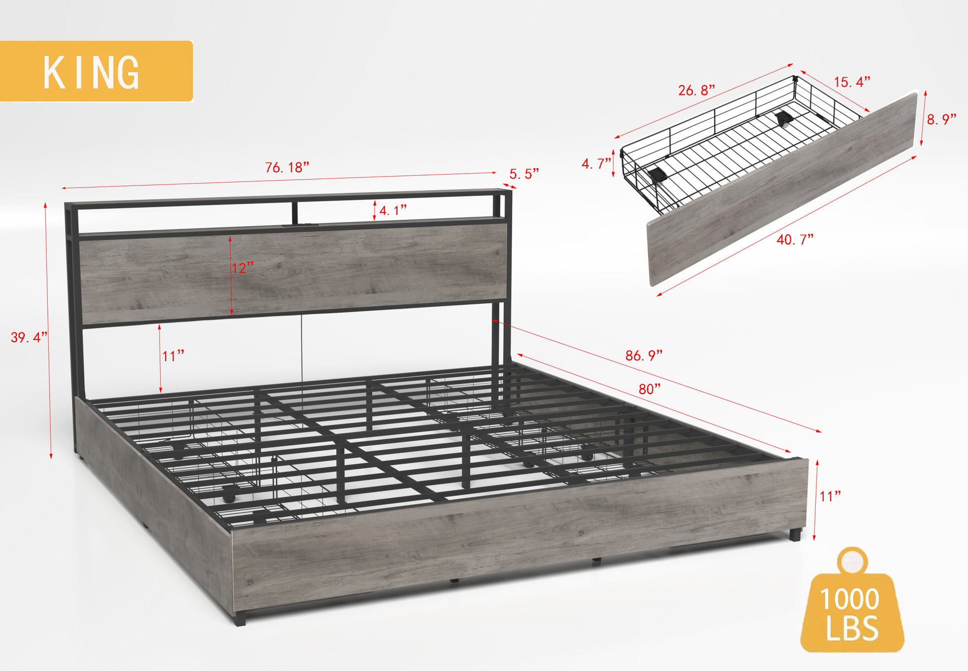 King Bed Frame, Storage Headboard With Charging Station, Solid And Stable, Noise Free, No Box Spring Needed, Easy Assembly Box Spring Not Required King Antique Gray Metal Bedroom Bed Frame Mdf Metal