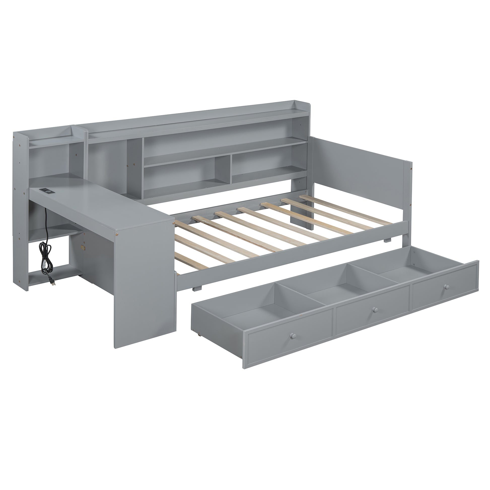 Twin Size Wooden Daybed With 3 Drawers, Usb Ports And Deskgray Twin Gray Wood