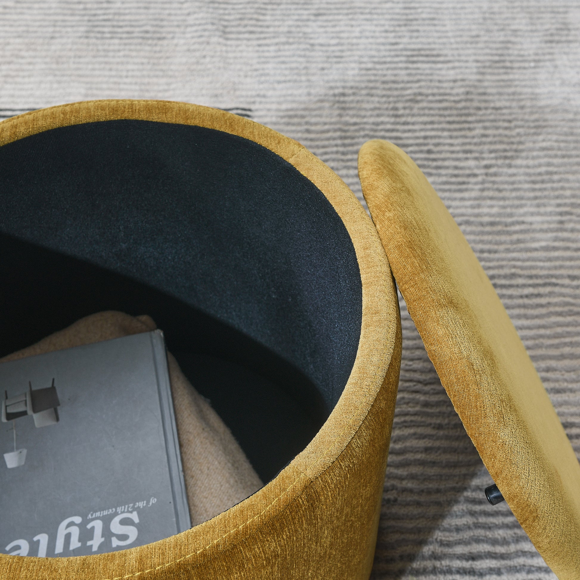 2 Piece Set Round Chenille Storage Ottoman, Equipped With A Drum Shaped Small Stool, Storage Space, And Mdf Made Desktop Panel Dark Yellow 23.62"X23.62"X16.53" Dark Yellow Chenille