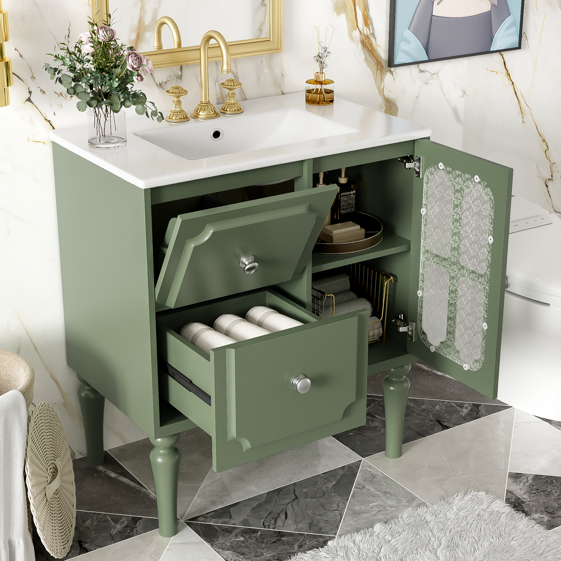 Retro Style 30'' Bathroom Vanity With Resin Sink Combo, Freestanding Single Vanity With 2 Drawers, Solid Wood Frame Bathroom Storage Cabinet, Green Green Bathroom Retro Solid Wood Mdf Resin