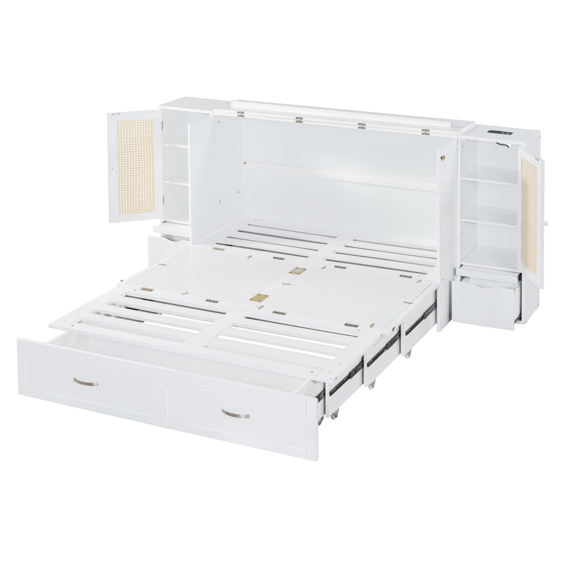 Queen Size Murphy Bed Wall Bed With Drawer And Rattan Decoration With 2 Storage Cabinets, One Set Of Sockets & Usb Ports, Pulley Structure Design, White Queen White Plywood