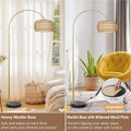 Gold Floor Lamps For Living Room, Arc Floor Lamp With Remote & Dimmable Bulb, Boho Rattan Standing Lamp With 3 Color Temperatures, Height Adjustable Tall Lamp For Bedroom, Over Couch Reading Lamp Brown Black Rattan Metal