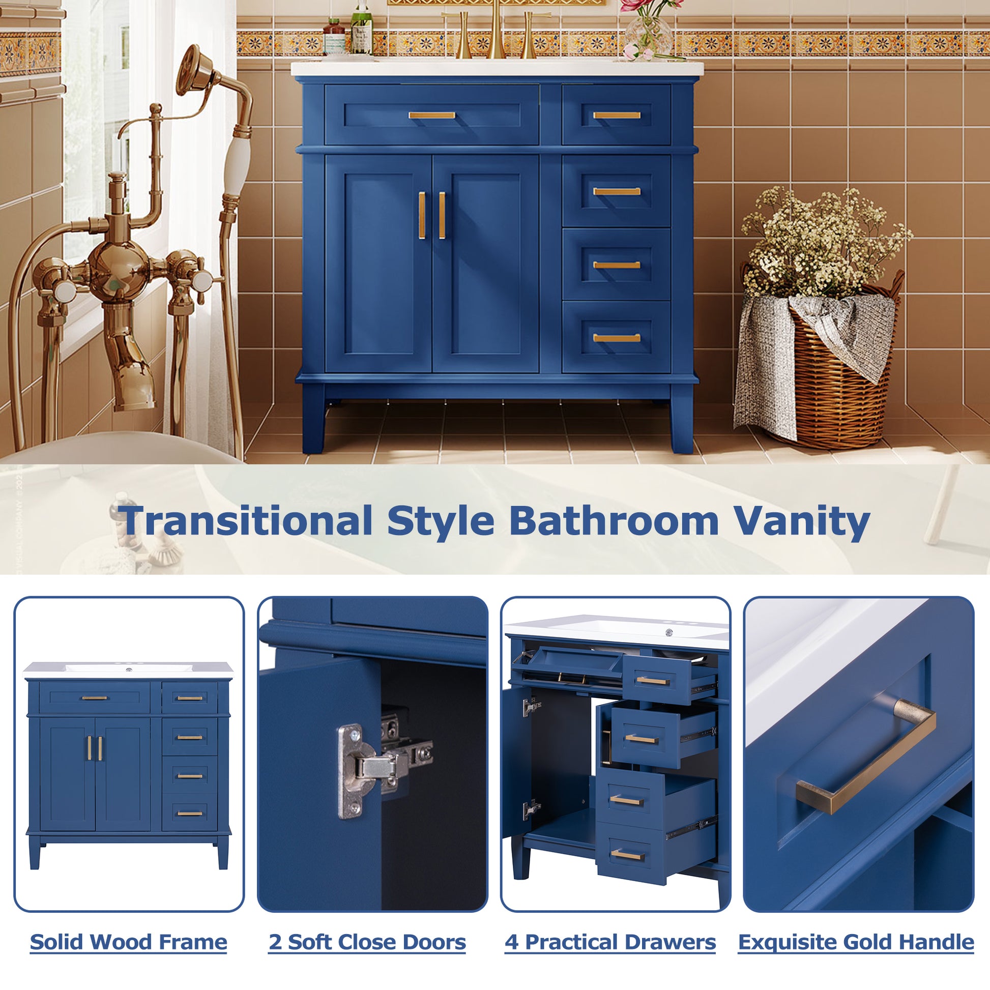 36 Inch Bathroom Vanity With Resin Sink, Modern Bathroom Cabinet In Blue, Featuring Two Soft Close Doors And Four Drawers Blue Bathroom Solid Wood Mdf Resin