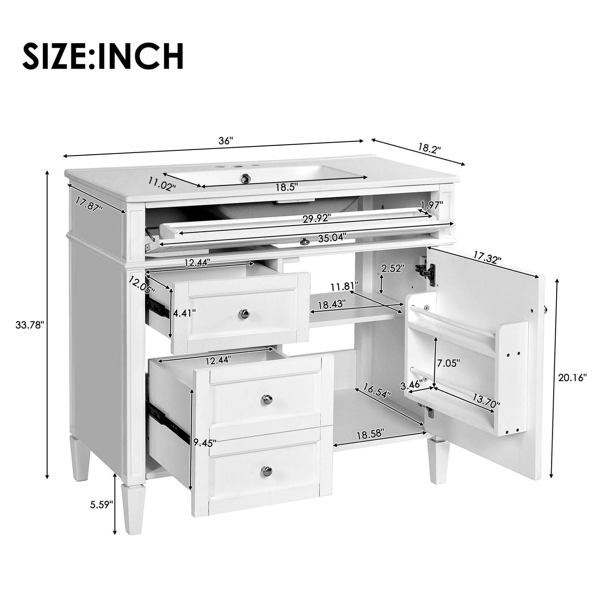 36'' Bathroom Vanity With Medicine Cabinet, Modern Bathroom Storage Cabinet With 2 Soft Closing Doors And 4 Drawers, Single Sink Bathroom Vanity White Bathroom Ceramic,Solid Wood Mdf