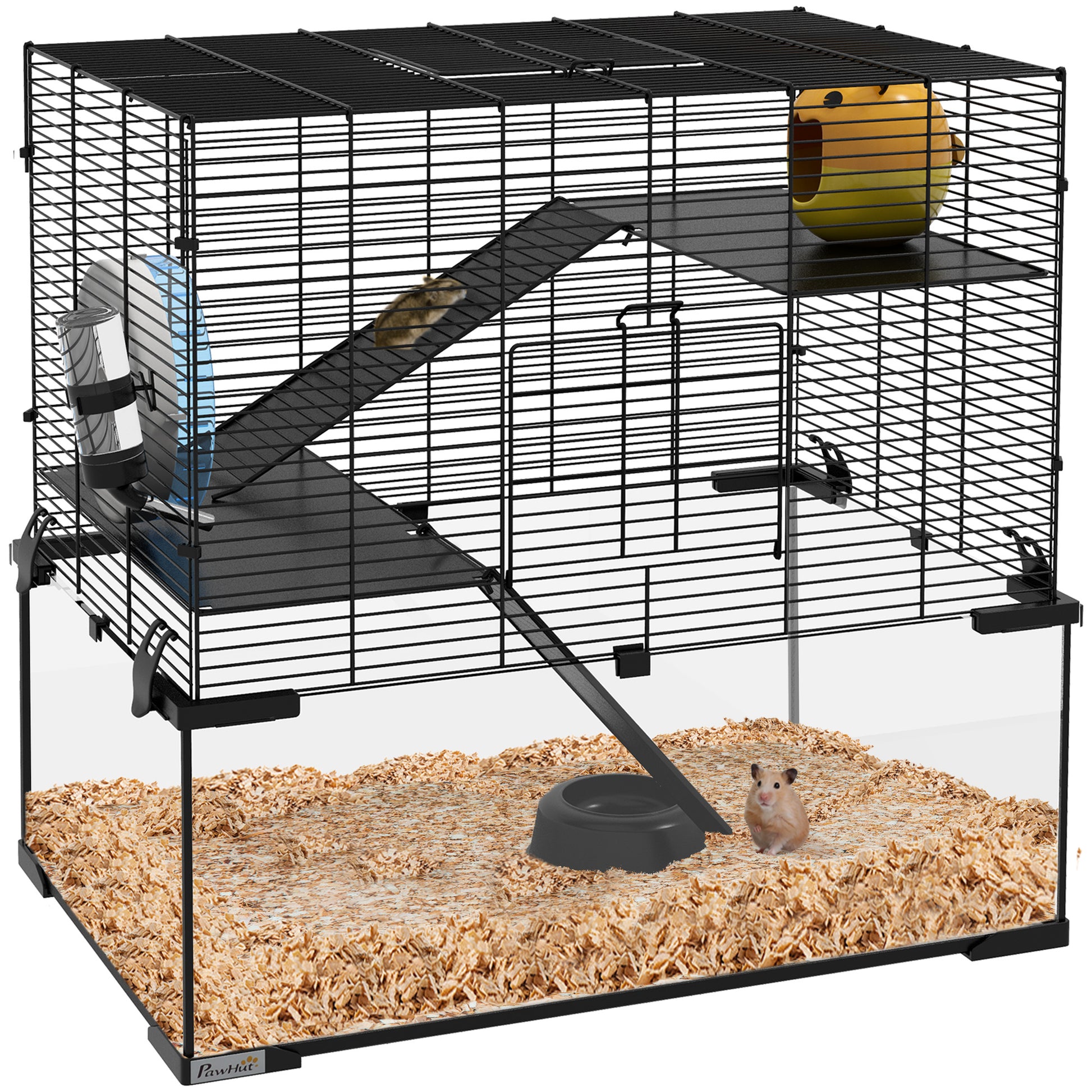 Pawhut Hamster Cage, Gerbil Cage With Glass Basin, Ramps, Platforms, Hut, Exercise Wheel, For Small Hamsters, Black Black Steel