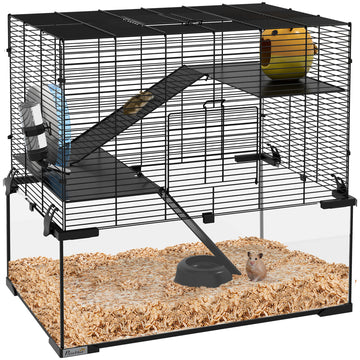 Pawhut Hamster Cage, 23.5" Gerbil Cage With Glass Basin, Ramps, Platforms, Hut, Exercise Wheel, For Small Hamsters, Black Black Steel