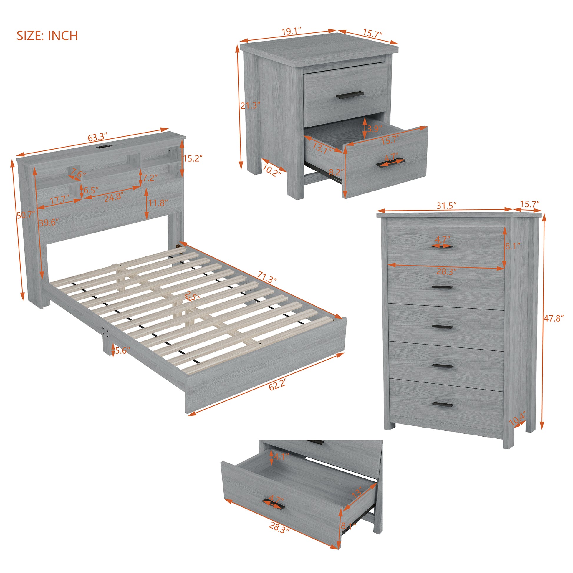 4 Pieces Bedroom Sets Queen Size Vintage Wooden Bed Frame With 2 Nightstands And 1 Dresser,Light Gray Box Spring Not Required Queen Light Gray 4 Piece Set American Traditional Solid Wood Mdf