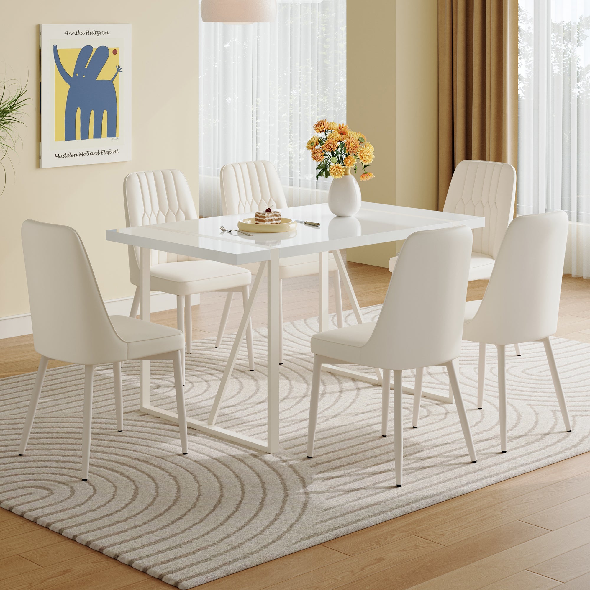 55"X31.5" Cream Style White Mdf Dining Table Set With 6 Armless Cream Style Chairs.Mdf Tabletop And Metal Frame Legs.Adding A Warm And Gentle Atmosphere To Your Family. White Seats 6 Mdf Metal