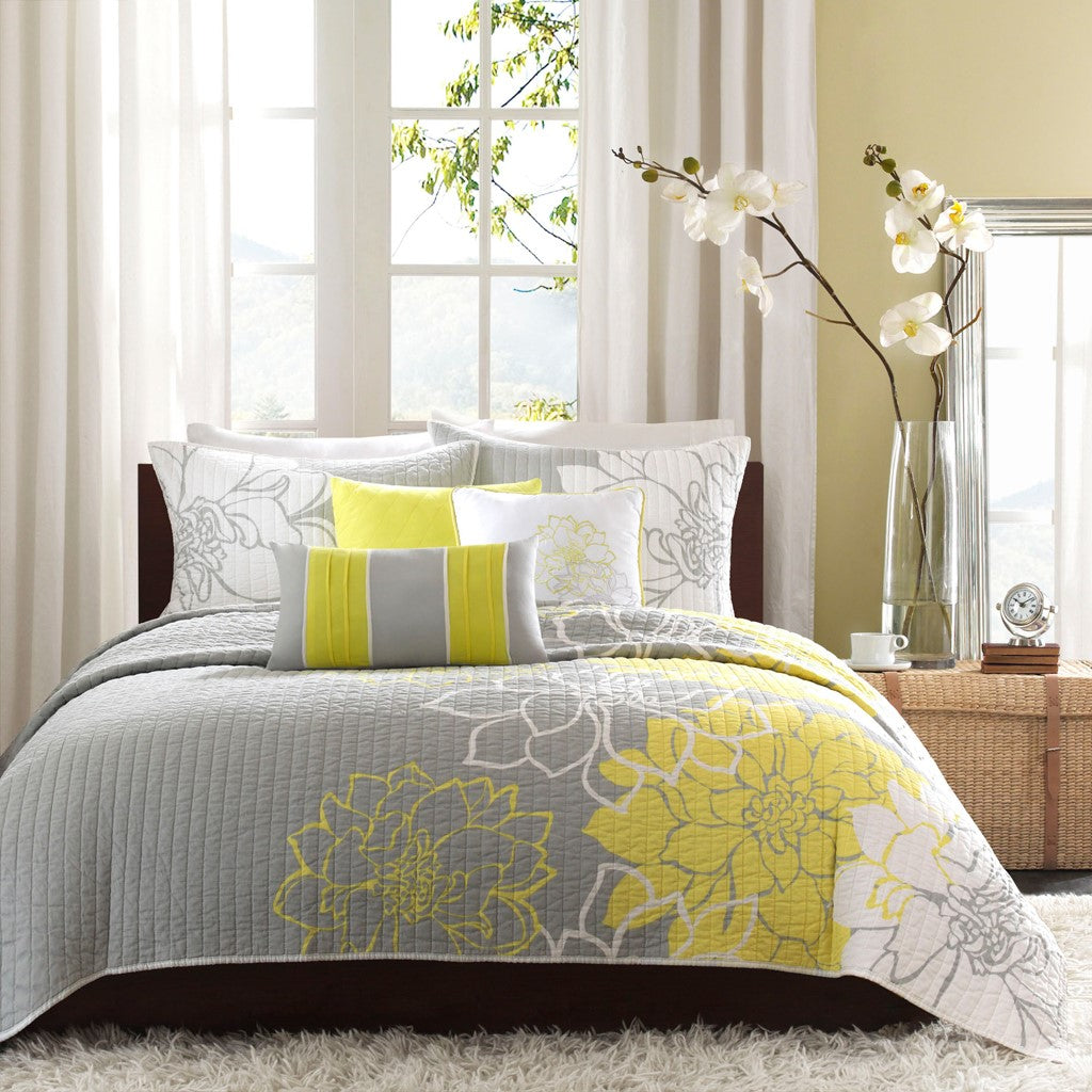 6 Piece Printed Cotton Quilt Set With Throw Pillows Taupe Grey Yellow Full Queen Full Yellow Grey Cotton