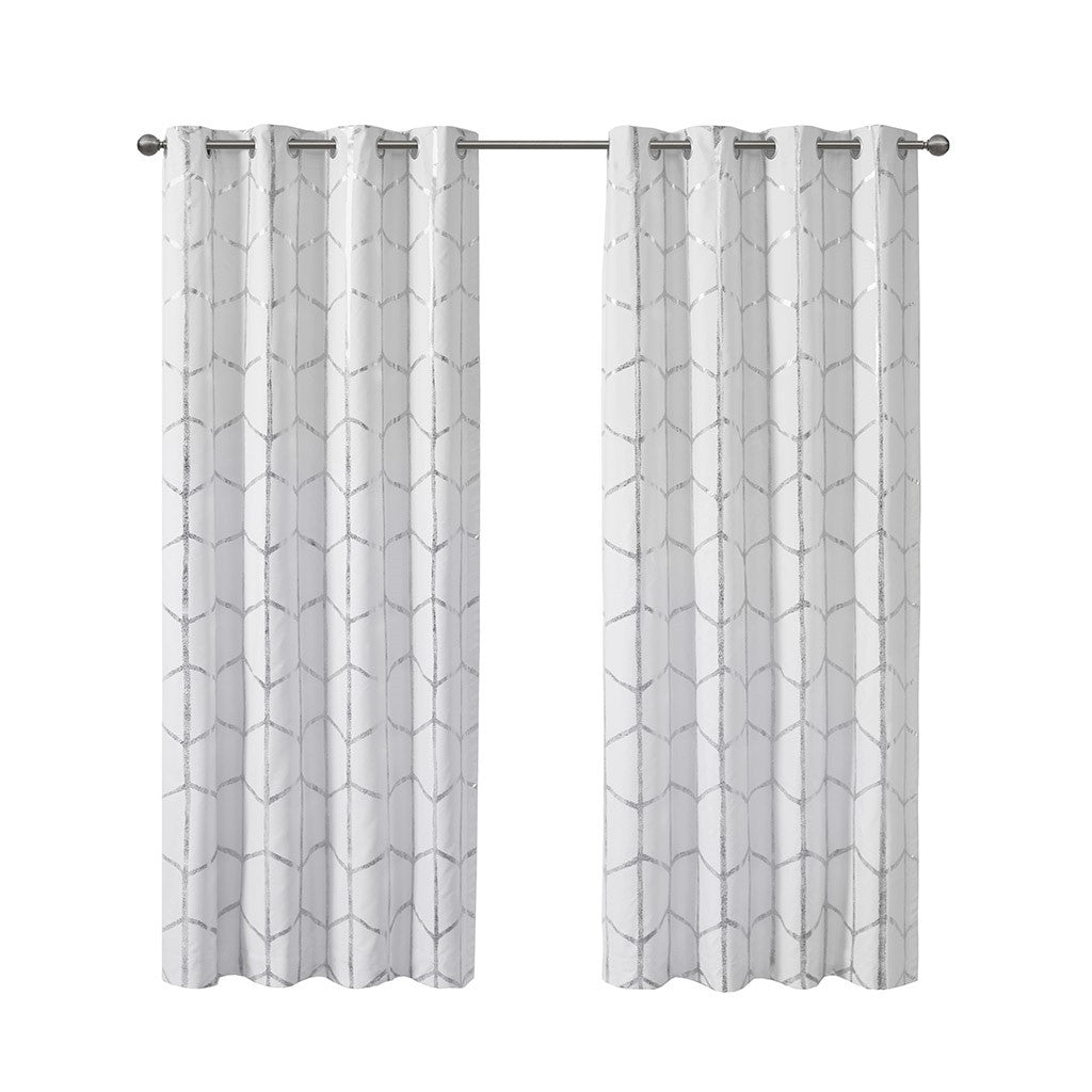 Total Blackout Metallic Print Grommet Top Curtain Panel Only 1 Pc Panel White Silver Polyester