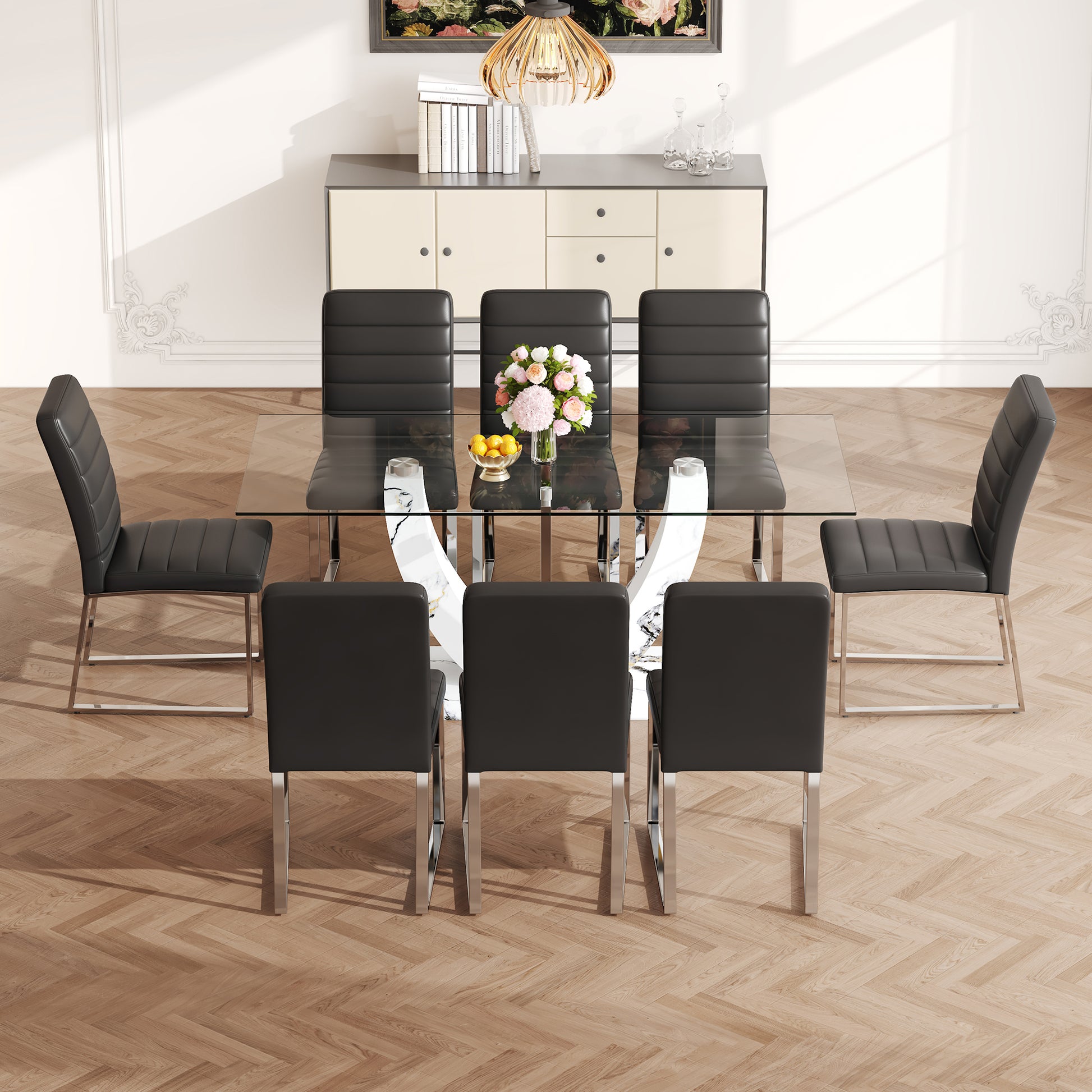 Table And Chair Set, Large Modern Rectangular Glass Table, Can Accommodate 6 8 People, Equipped With A 0.39 Inch Tempered Glass Tabletop And Mdf Table Legs.Paired With Comfortable And Soft Chairs. Black Mdf Glass