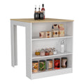 Kitchen Island Table, Two Legs, Three Side Shelves, White Pine Multicolor Solid Wood Mdf Engineered Wood
