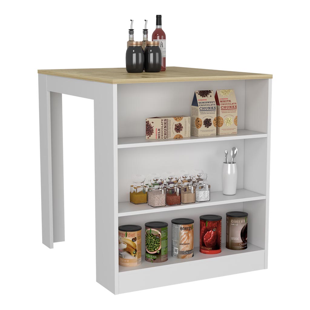 Kitchen Island Table, Two Legs, Three Side Shelves, White Pine Multicolor Solid Wood Mdf Engineered Wood