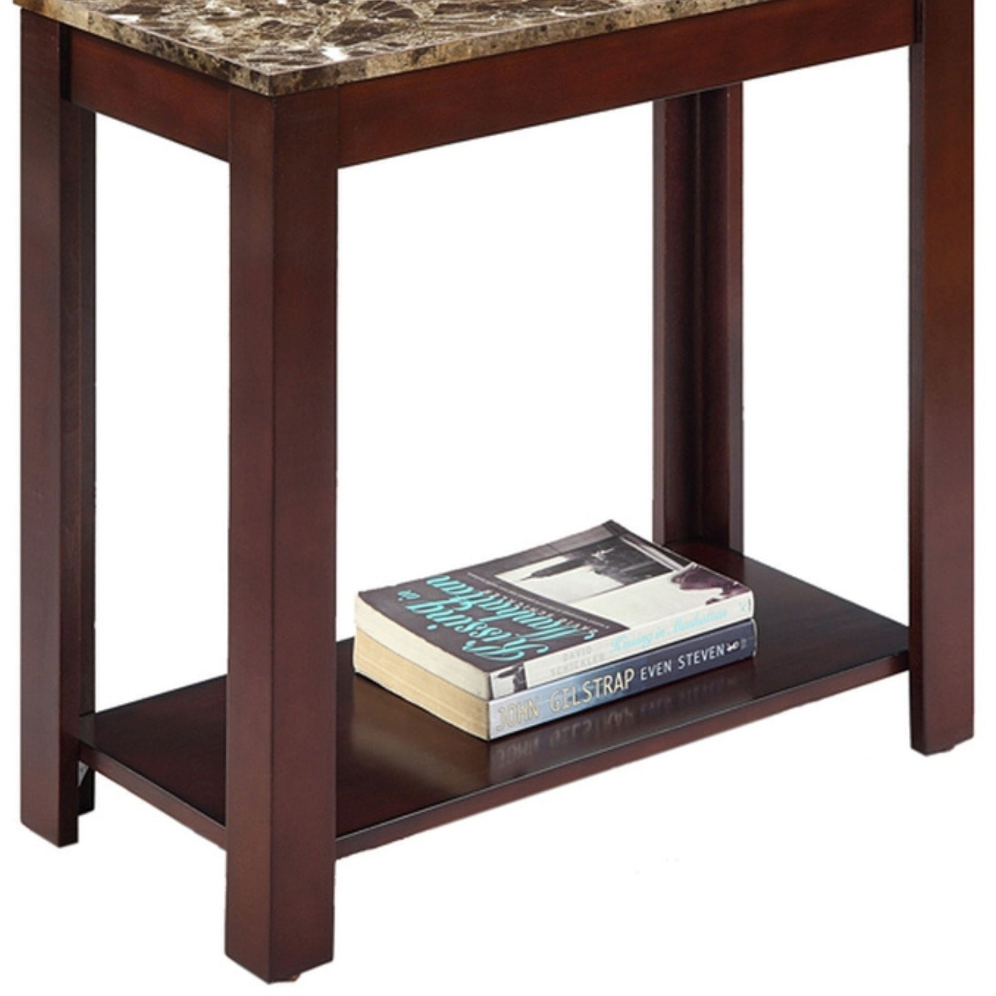 24" Tall Wooden End Table With Dark Cherry Finish And Marble Print Top Multicolor Wood