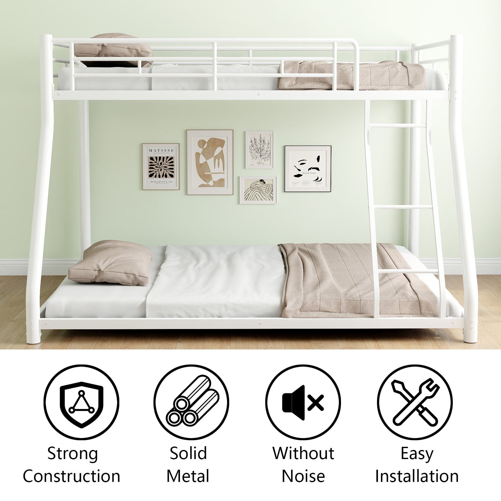 Metal Bunk Bed Twin Over Full Size With Removable Stairs, Heavy Duty Sturdy Frame With 12" Under Bed Storage For Teen & Adults, Teens, No Box Spring Needed, White Box Spring Not Required Full White Metal Bedroom Metal