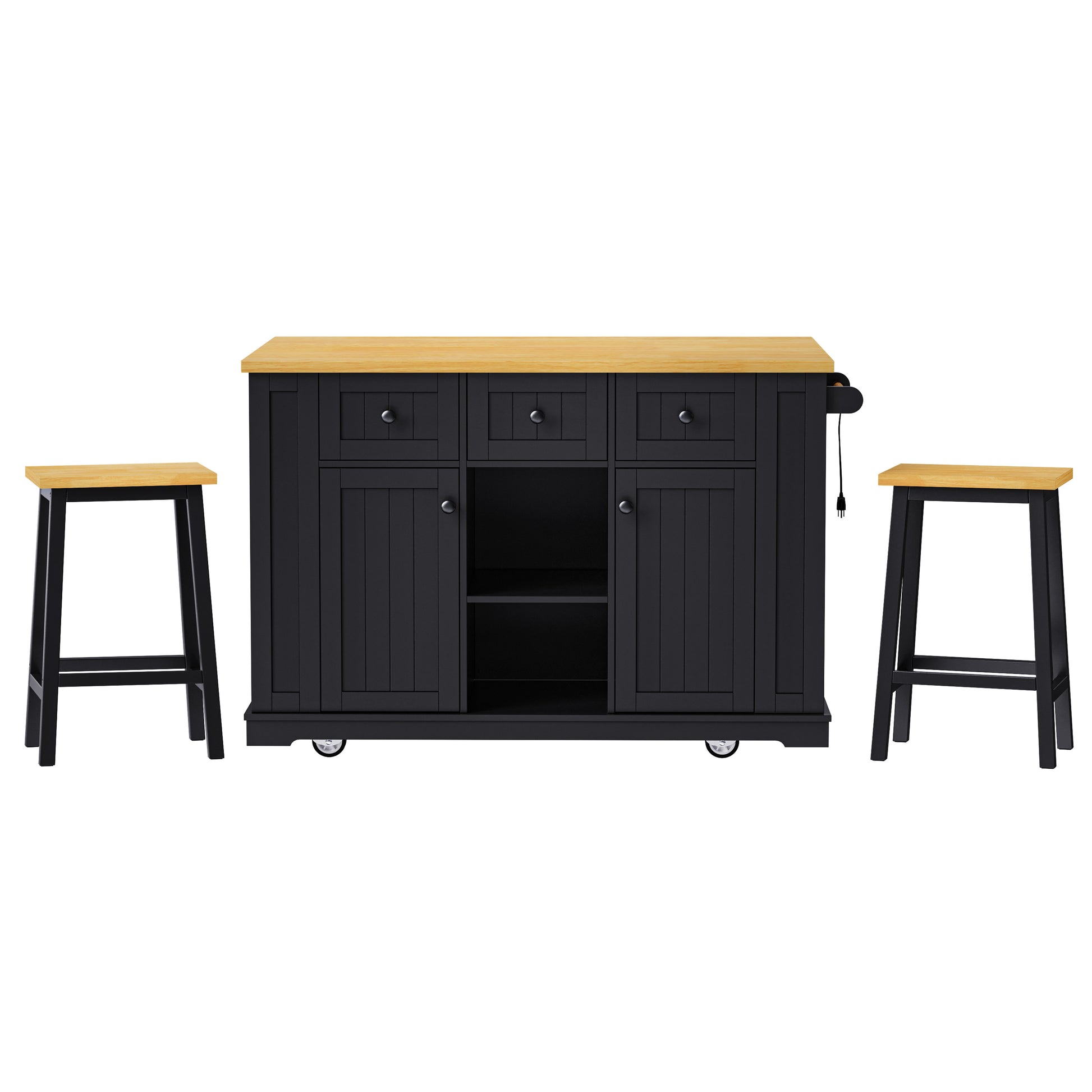 K&K 53Inch Large Kitchen Island With 2 Bar Stools, Power Outlet,Door Internal Storage Rack, Kitchen Storage Cart On 5 Wheels With Drop Leaf, 5 Open Side Racks, 3 Drawers, For Kitchen,Dining