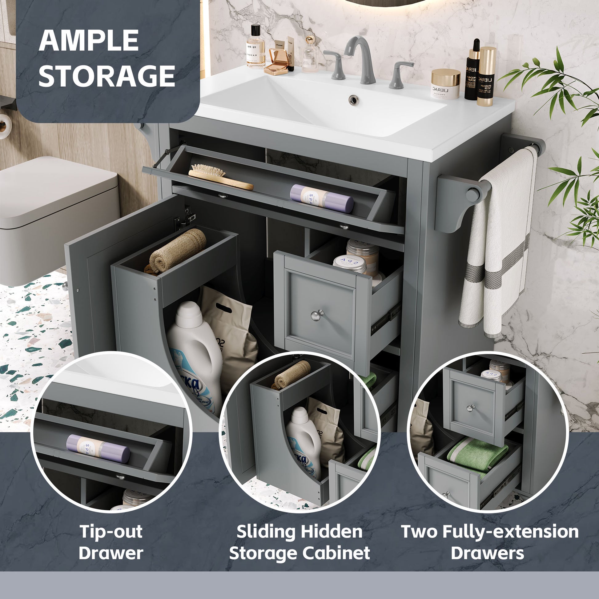 30'' Bathroom Vanity With Top Sink, Modern Bathroom Storage Cabinet With 2 Drawers And A Tip Out Drawer, Single Sink Bathroom Vanity Same As N710S130001E Grey Bathroom Modern Solid Wood Mdf Resin