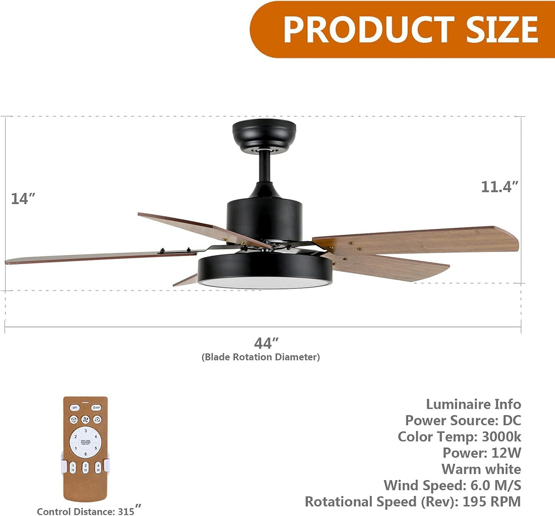 44 Inch Ceiling Fan With Led Light And Remote Control, 6 Speed Modes, 2 Rotating Modes, Timer, Improved Blades Antique Brown Wood