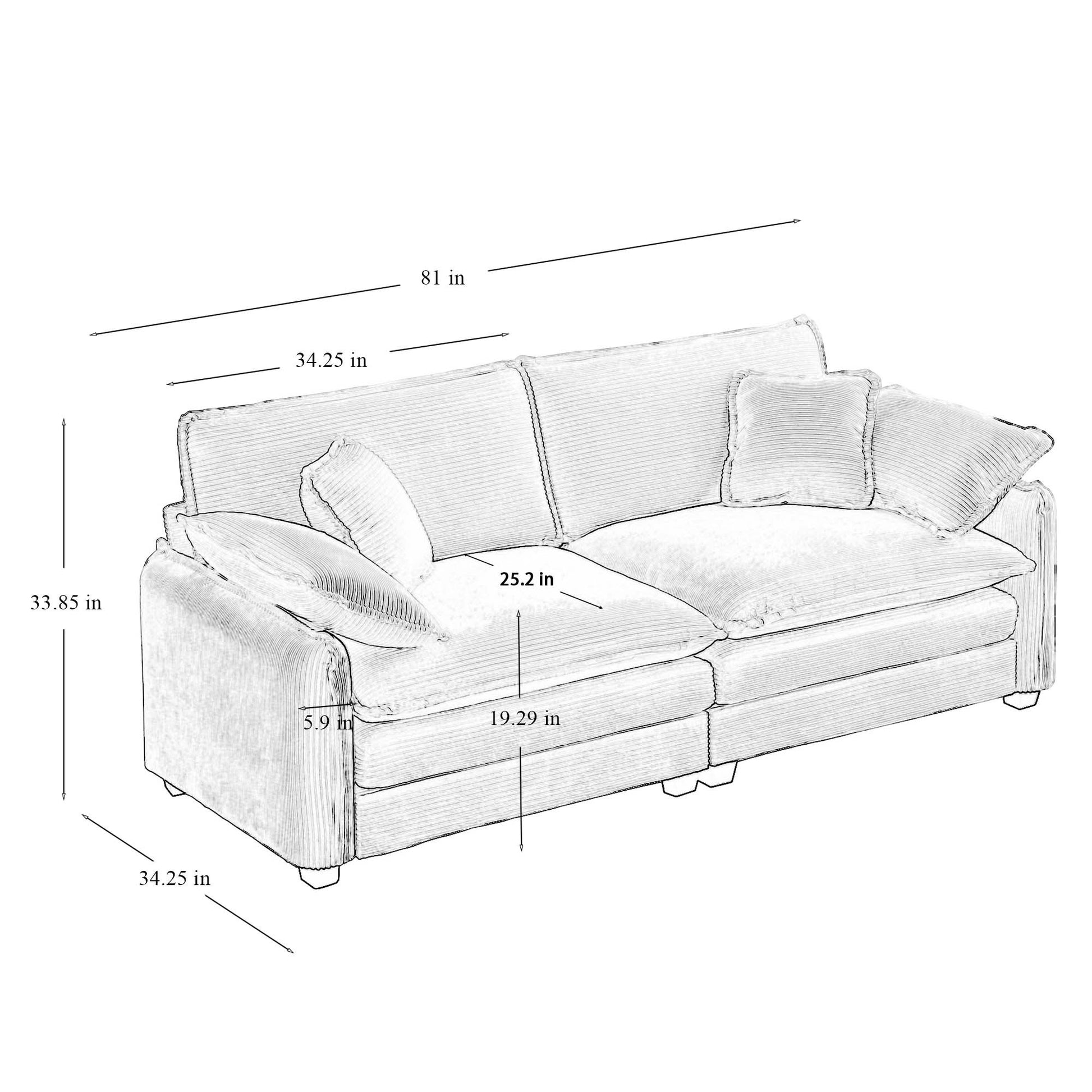 Warm And Cozy Living Room Sofa With 4 Pillows Upholstered Large Deep Seat 2 Seater Sofa For Living Room,Grey Corduroy Grey Corduroy 2 Seat