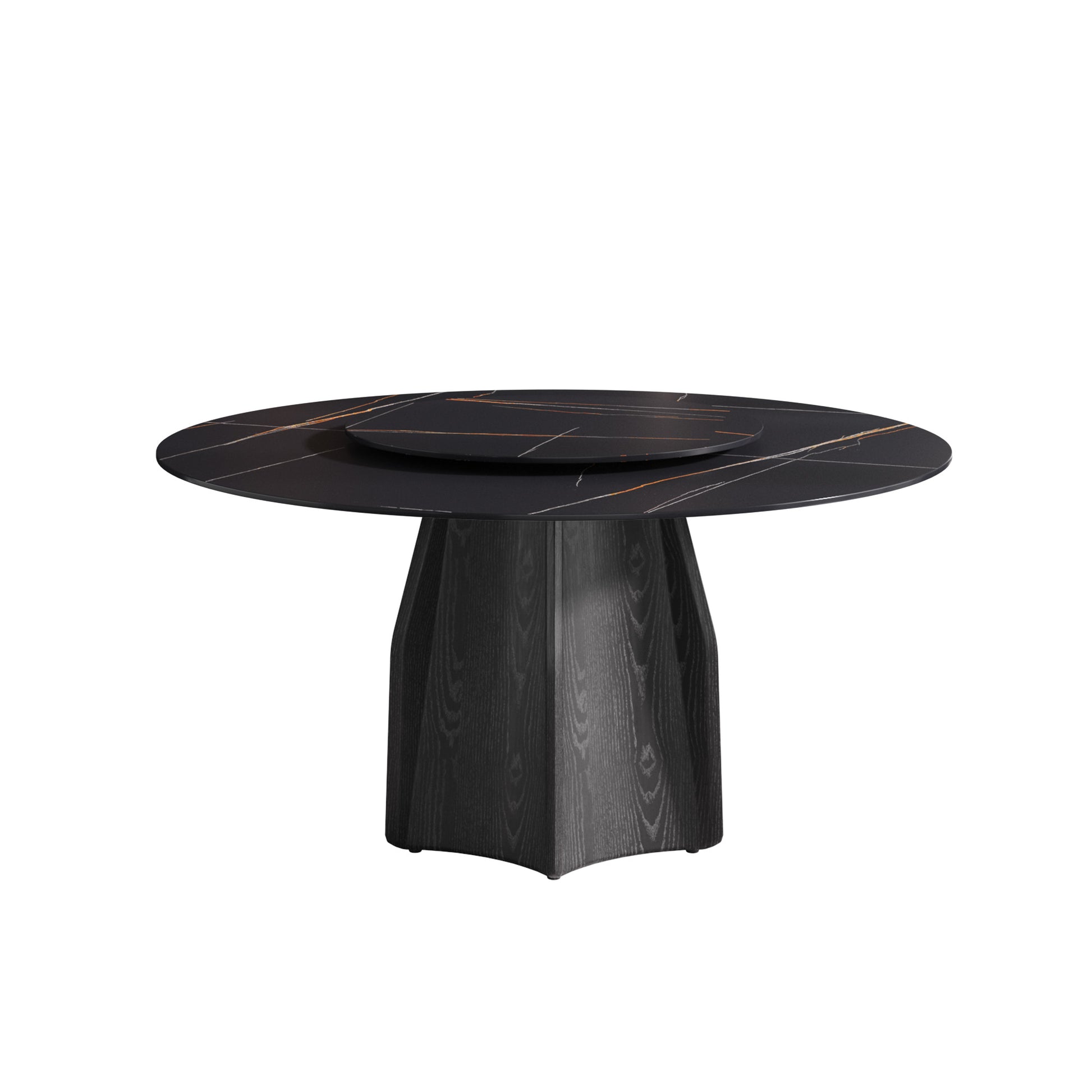 59.05" Round Marble Dining Table With Black Textured Solid Wood Base, Artificial Marble For 6 8 People, 31.5"Black Artificial Stone Turntable,Black Dining Table Only Black Modern Wood Sintered Stone