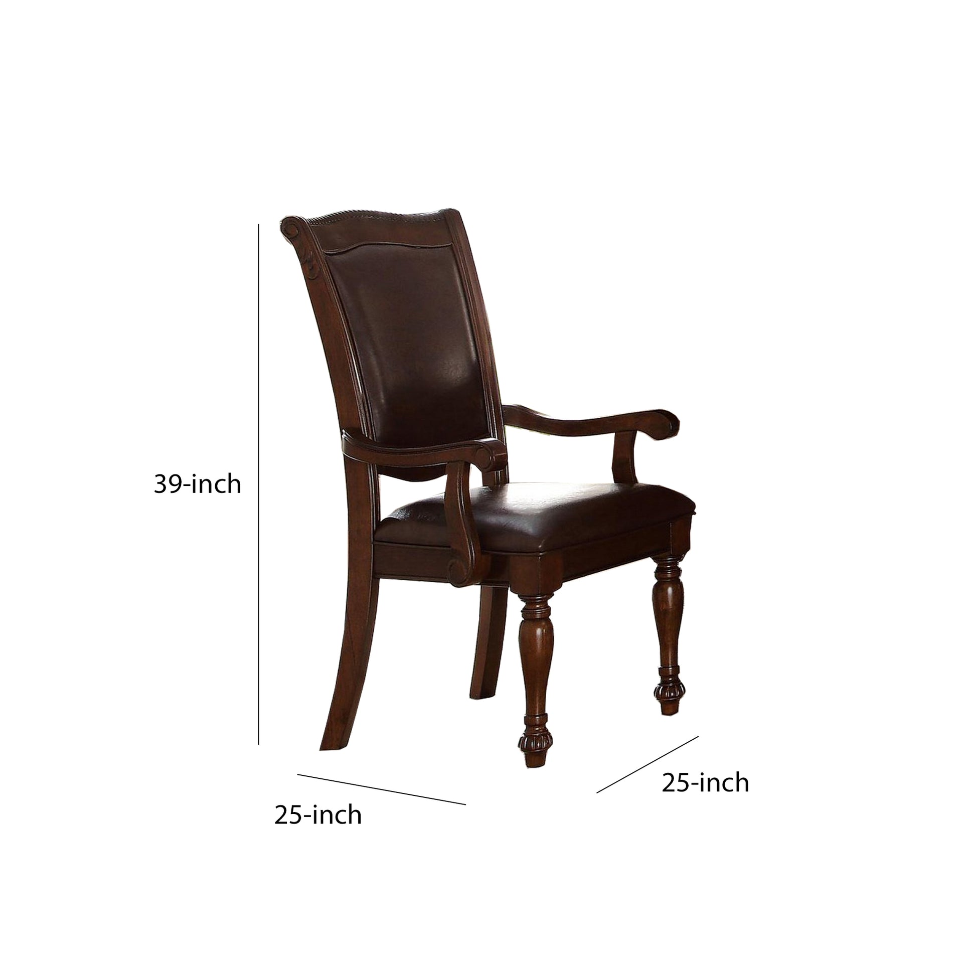 Traditional Style Wood & Leather Dining Side Arm Chair, Brown & Dark Brown, Set Of 2 Brown Wood Fabric