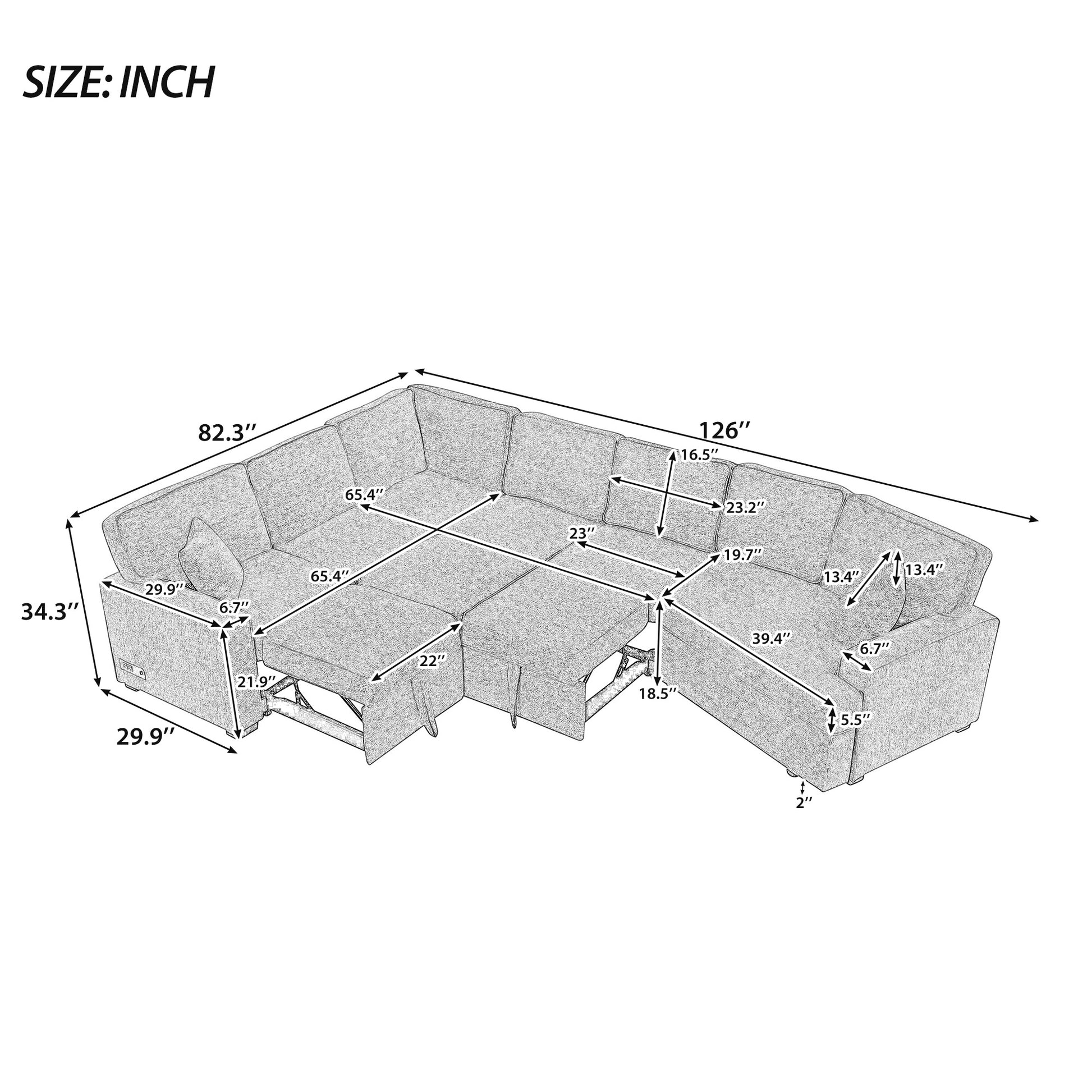 126" L Shaped Sofa Sectional Sofa Couch Pull Out Sofa Bed With Charging Devices And Cup Holders For Living Room, Blue Black Black Blue Foam Chenille 6 Seat