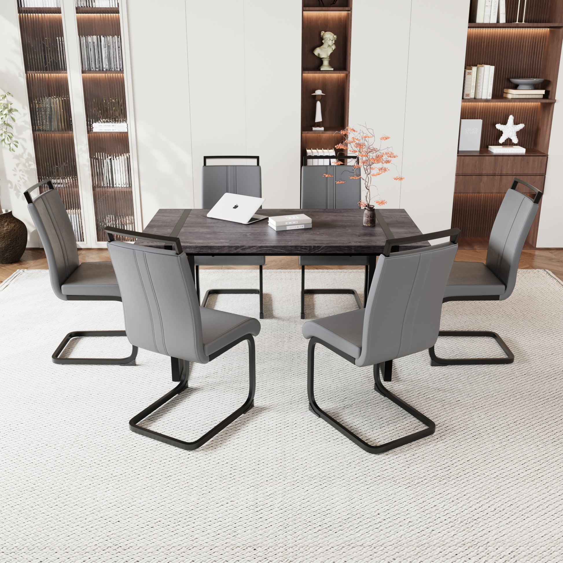 59 "Rural Industrial Rectangular Mdf Black Dining Table Set And Pu Armless Dining Chair Set, 6 Pieces. Kitchen Black Metal Table Leg Dining Chair Set Black Gray Mdf