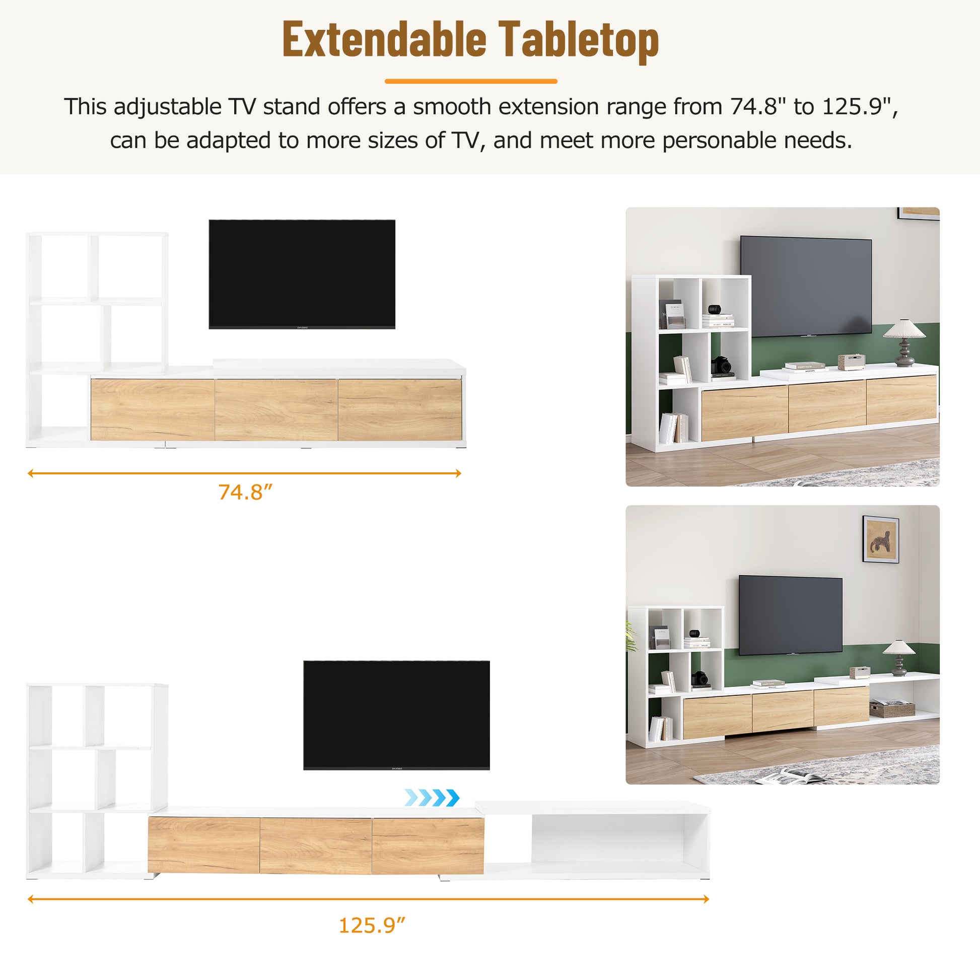 Extendable Tv Stand And Coffee Table, Set Of 2, Media Console With 3 Tier Bookshelves For Tvs Up To 110'', Dual Tone Center Table With Sliding Tabletop For Living Room, White White 90 Inches Or Larger Particle Board Mdf