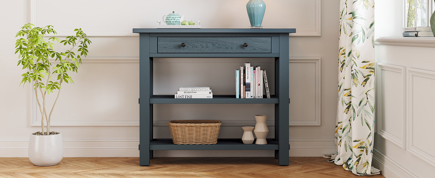 Retro Console Table With Drawer And Two Sturdy Shelves For Entryway, Living Room Navy Navy Mdf,Rubber Wood