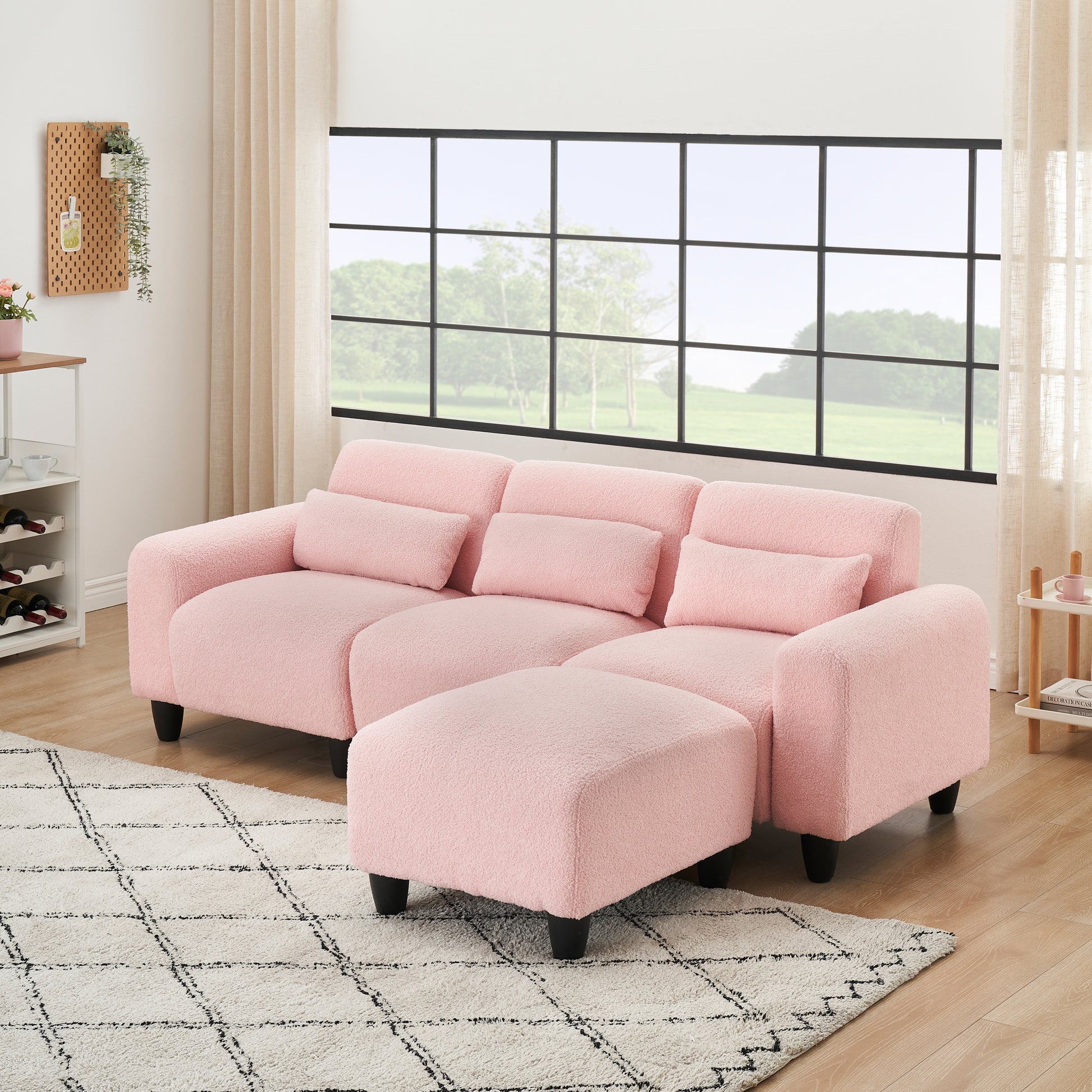 The 84.6 Inch Pink Teddy Fleece Creative Sofa Can Be Assembled Into A Two Seater Sofa Plus A Single Couch With Three Waist Pillows To Perfectly Stretch Your Waist For Small Apartment Bedroom Spaces Pink Polyester Blend 4 Seat