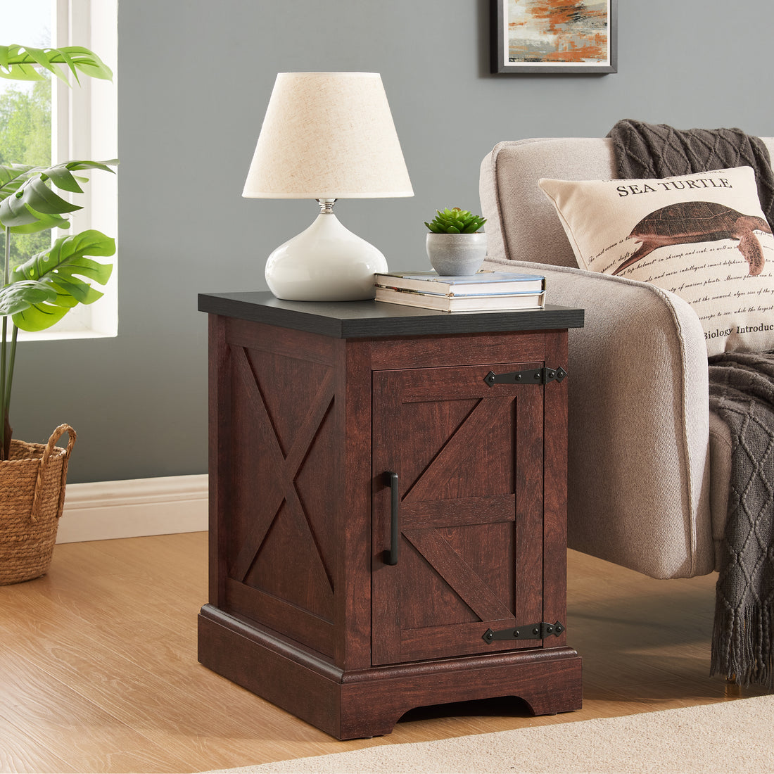 Farmhouse End Table Nightstand Rectangular Farmhouse End Table With Barn Door And Adjustable Storage Shelf, Rustic Sofa Side Table For Living Room, Bedroom, Oak Oak Mdf