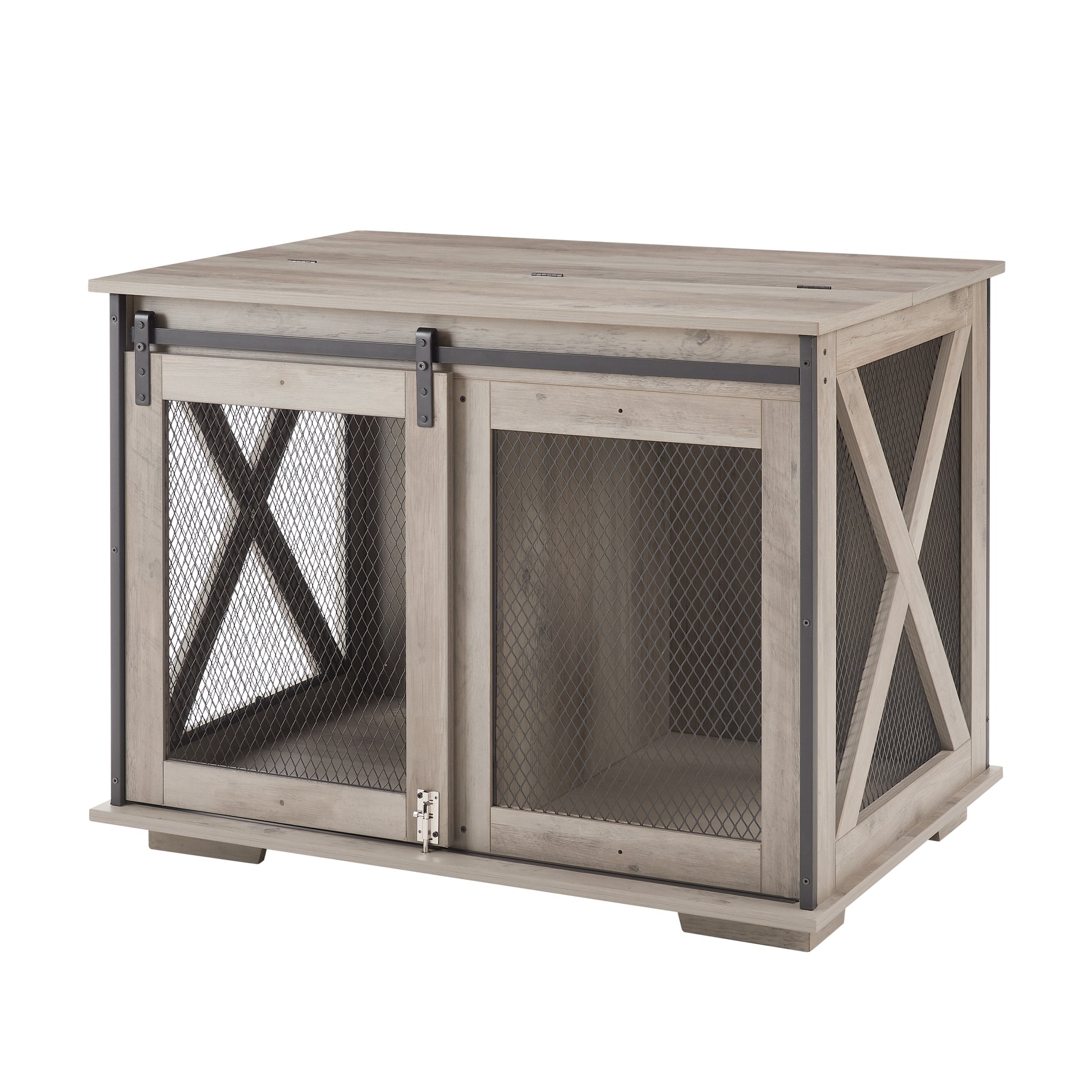 Farmhouse Dog Cage Crate Furniture With Sliding Barn Door, Farmhouse Wooden Dog Kennel End Table With Flip Top Plate Dog House With Detachable Divider For Small Medium Large Dog Gray Gray Wash Mdf